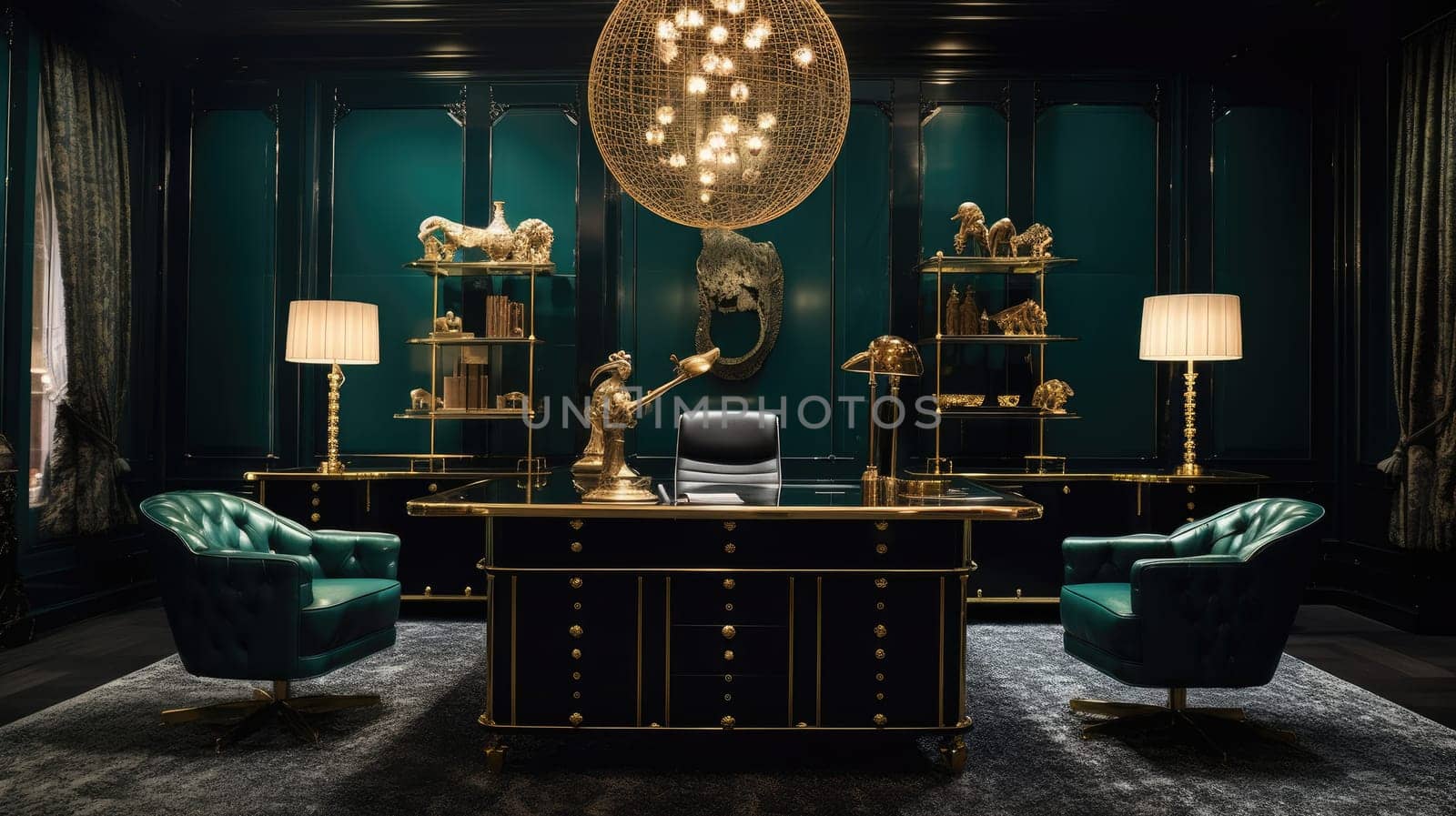 Inspiring office interior design Art Deco style Executive office featuring Chandelier architecture. Generative AI AIG 31.