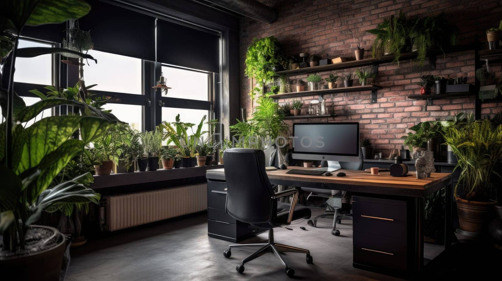 Inspiring office interior design Industrial style Open workspace featuring Brick wall architecture. Generative AI AIG 31.