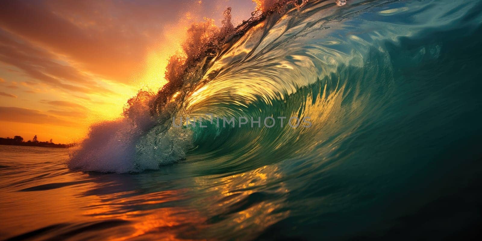 Beautiful wave in the ocean and colorful sky with sun reflecting off of the wave. Generative AI AIG27.