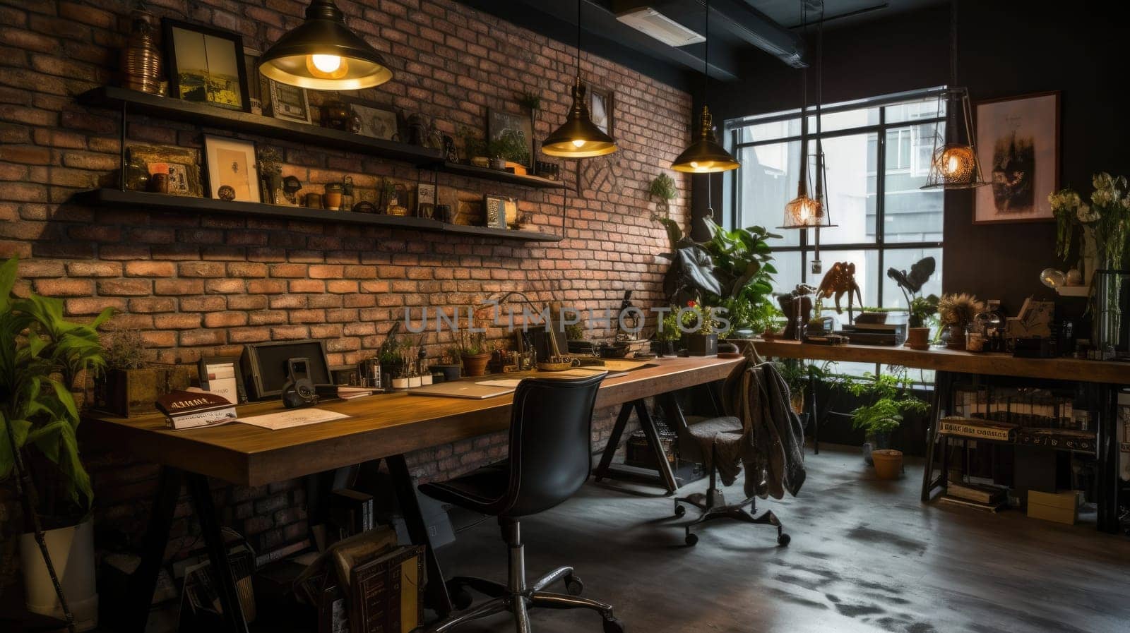 Inspiring office interior design Industrial style Office featuring Exposed brick wall architecture. Generative AI AIG 31.