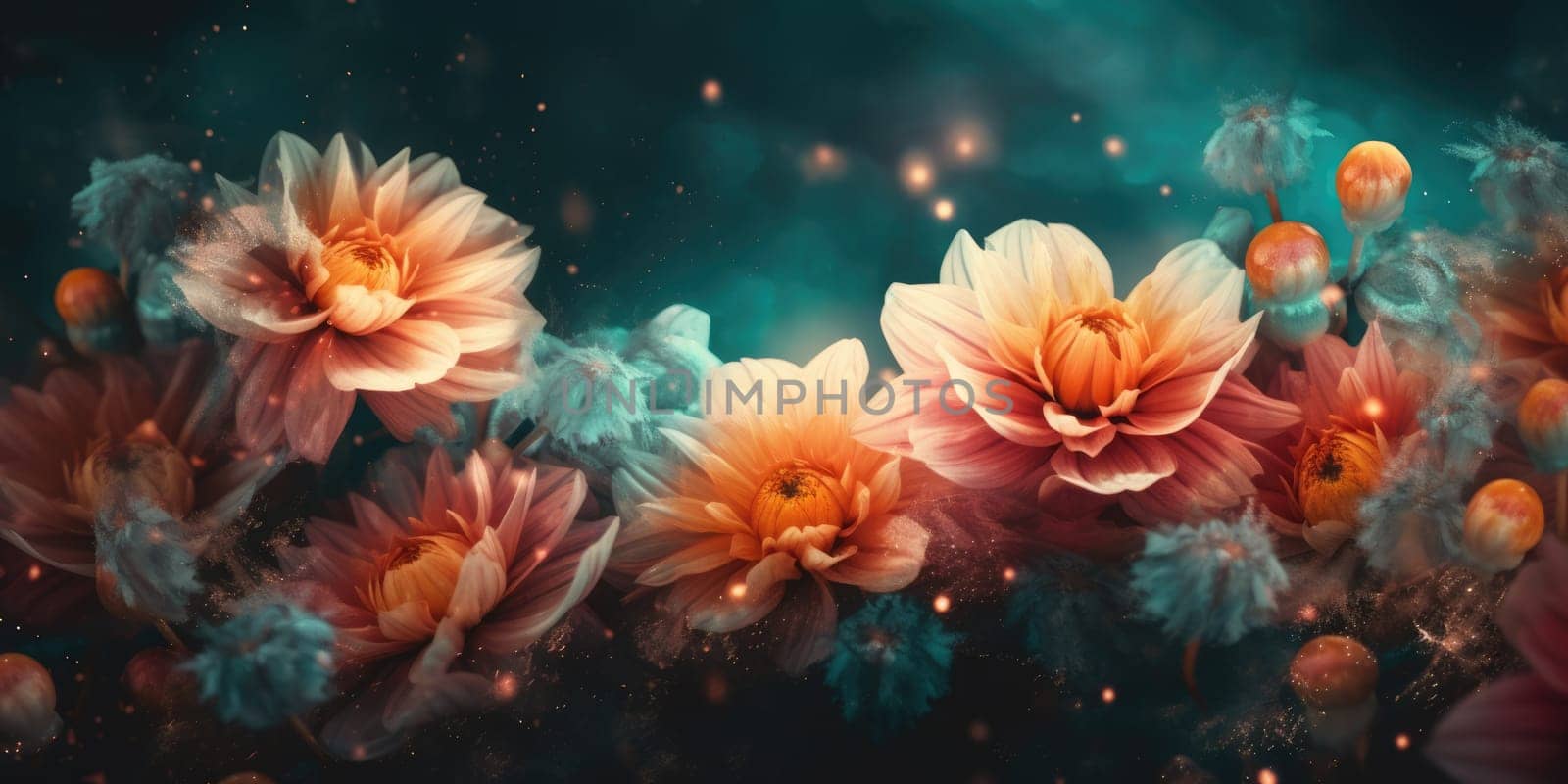Beautiful abstract coral, turquoise, and yellow night photo floral design background banner. Generative AI AIG32 by biancoblue