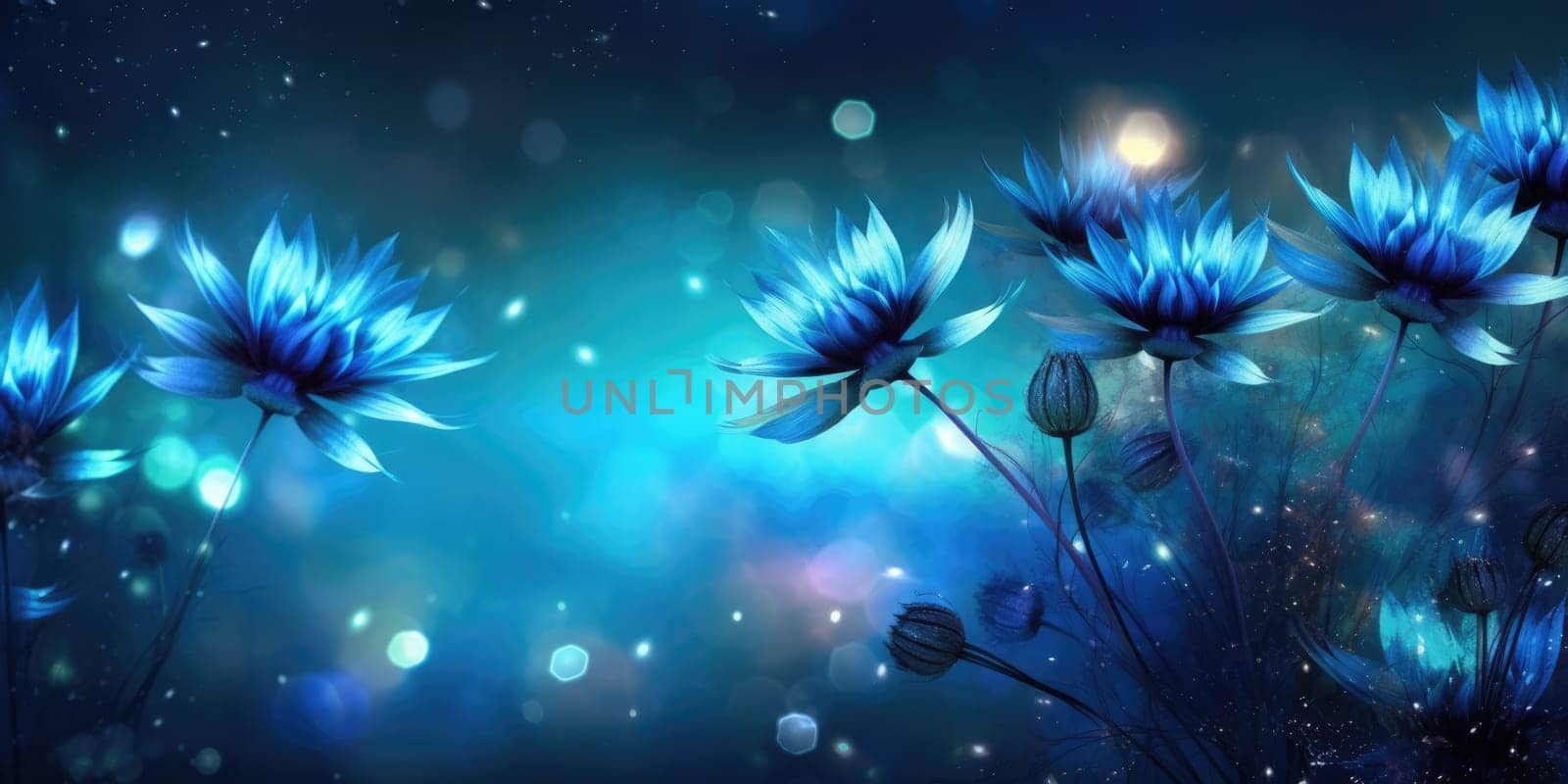 Beautiful abstract blue night photo floral design background banner. Generative AI AIG32 by biancoblue