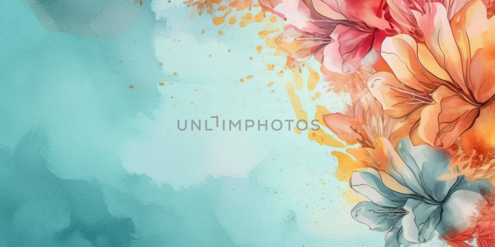 Beautiful abstract coral, turquoise, and yellow watercolor floral design background. beautiful Generative AI AIG32