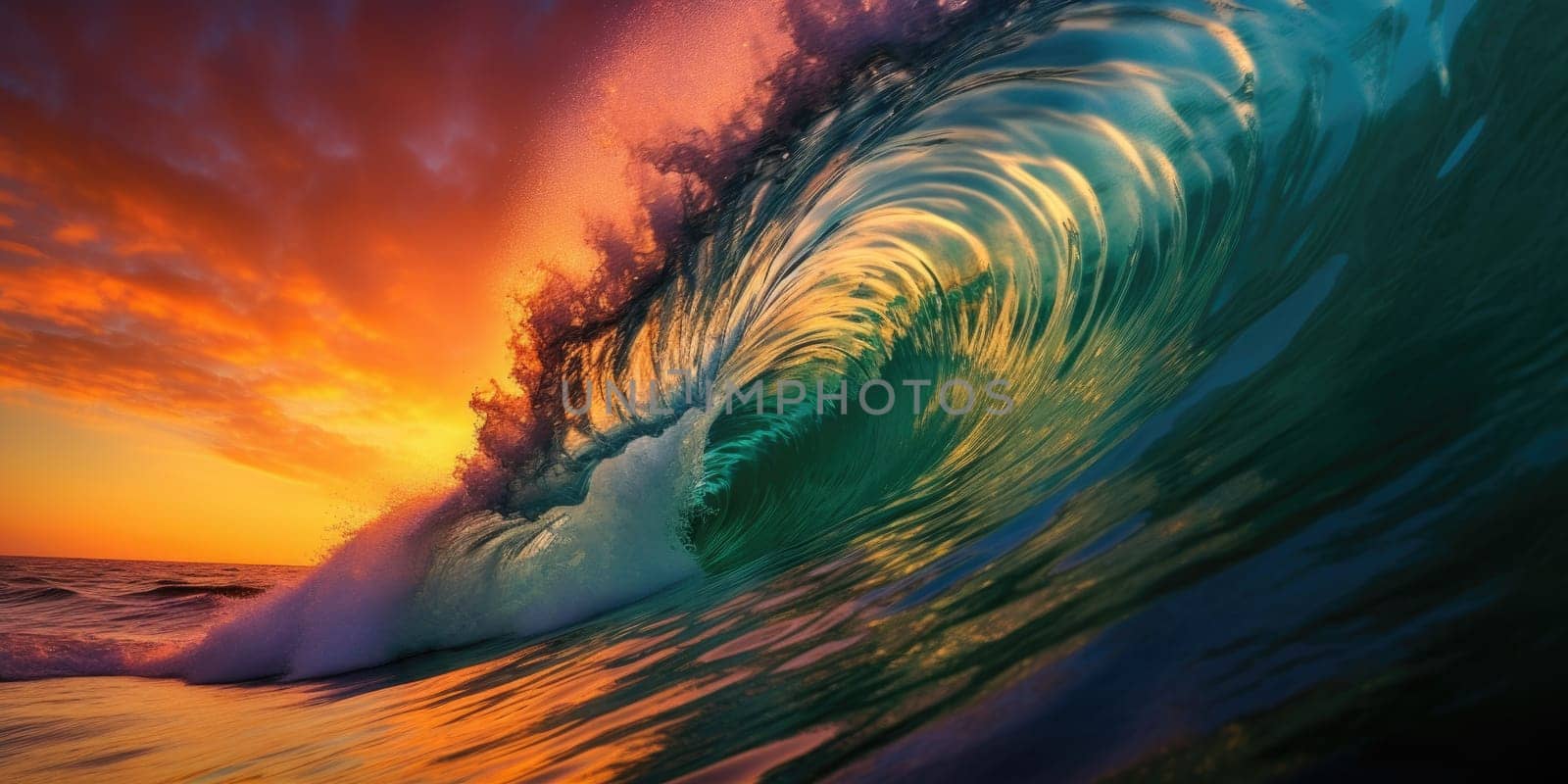 Beautiful wave in the ocean and colorful sky with sun reflecting off of the wave. Generative AI AIG27. by biancoblue