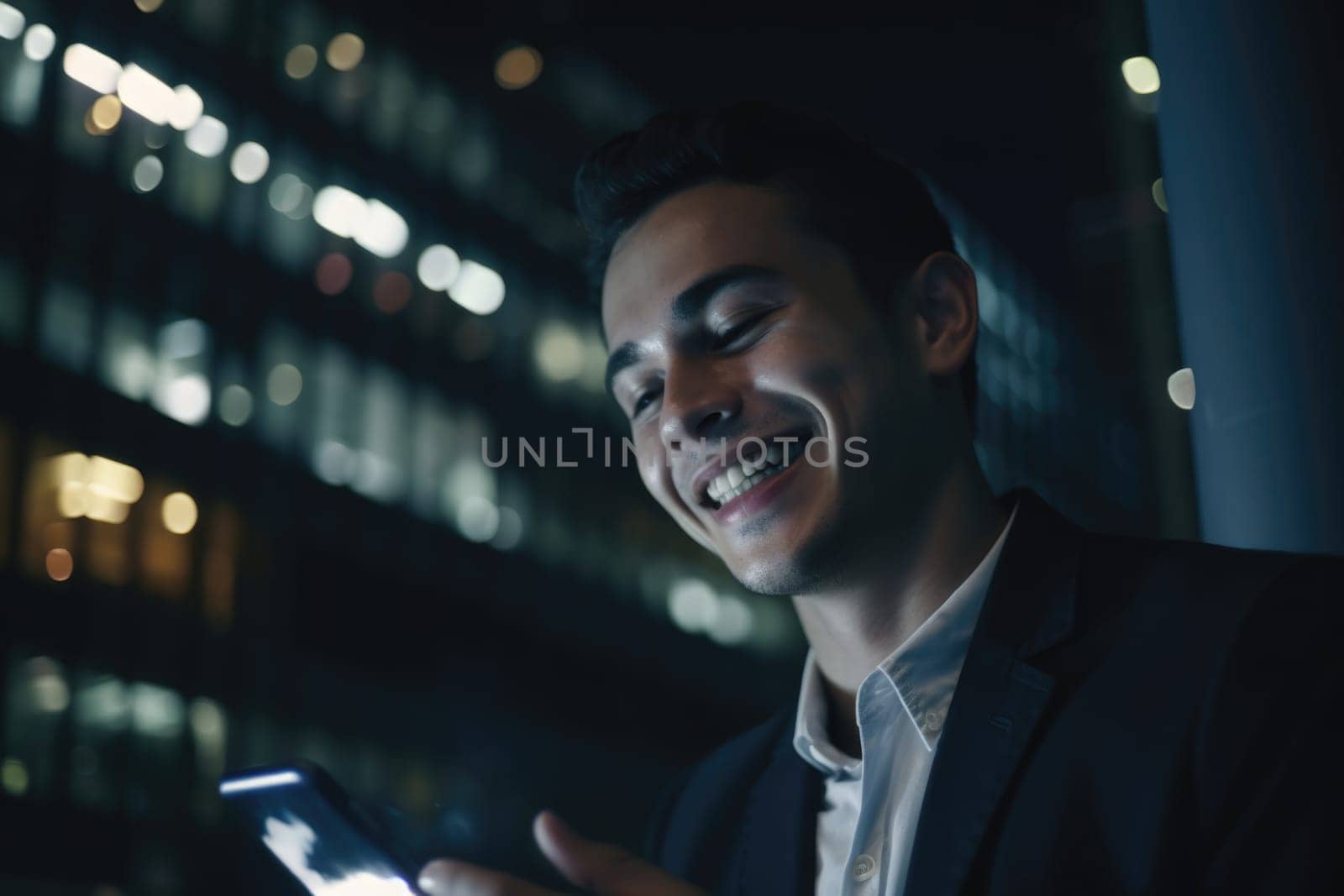 a young caucasian businessman executive using mobile phone with background of modern office buildings at night Generative AI AIG18.