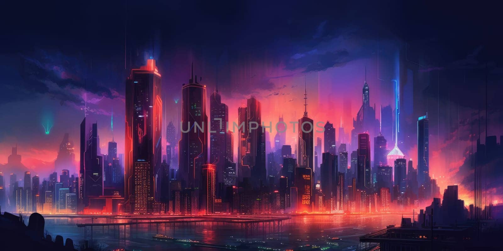 city skyline cyberpunk neon on dark background. generative ai AIG32 by biancoblue