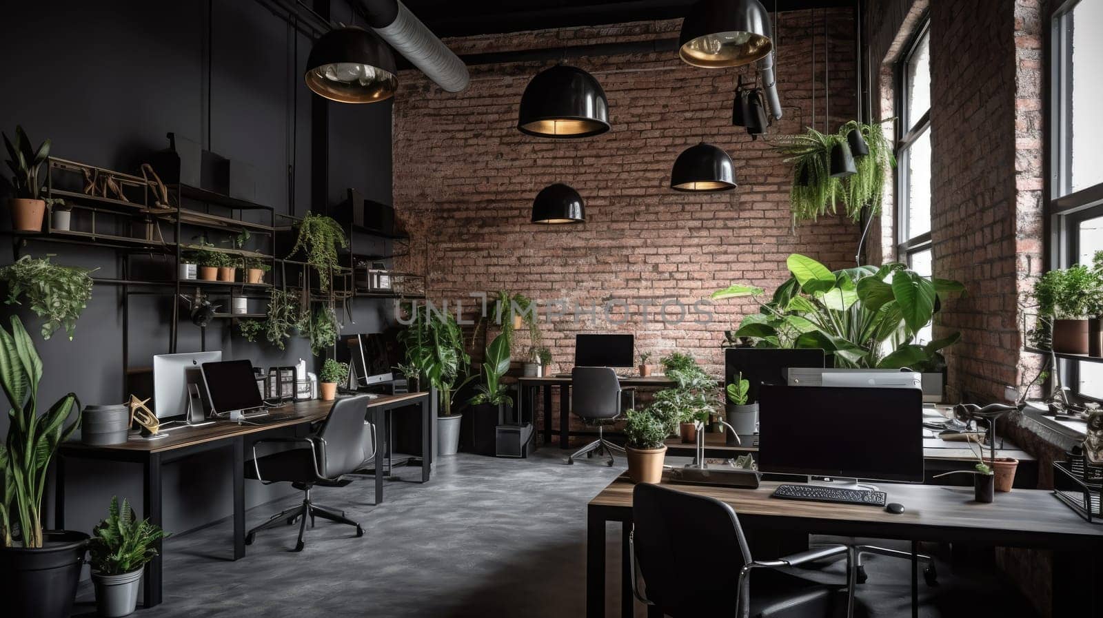 Inspiring office interior design Industrial style Office featuring Exposed bricks architecture. Generative AI AIG 31.