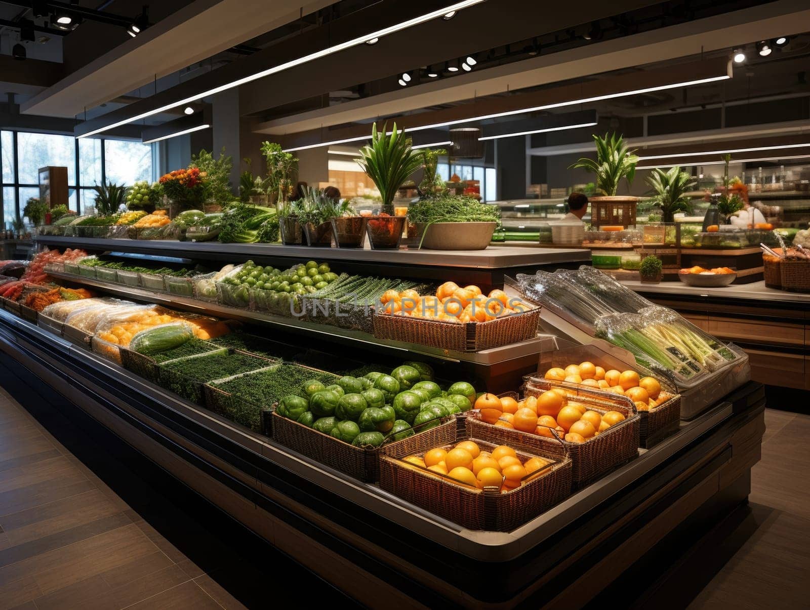 The interior of a supermarket filled with fruit and vegetable on the shelf, decorated with plants and light from bulbs. Generative AI.