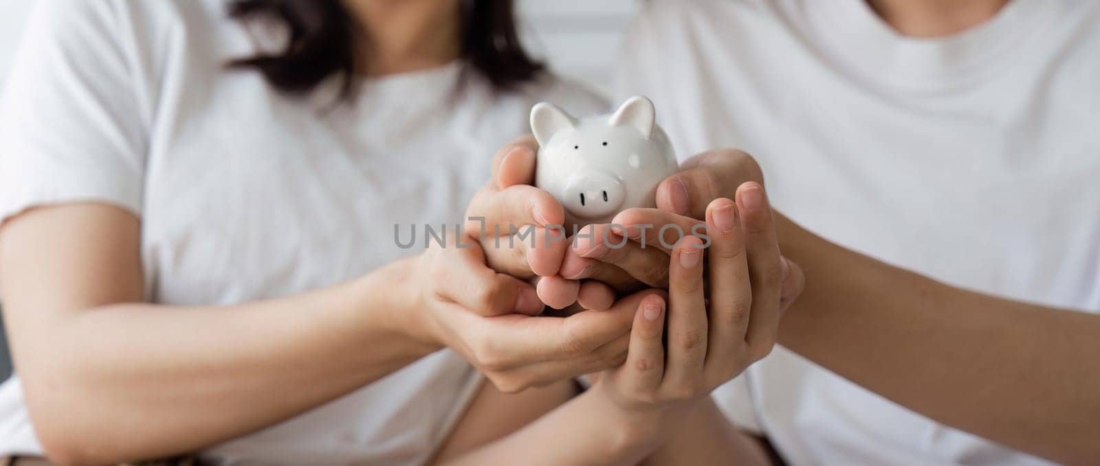 Happy asian young couple love calculate and putting coin in piggy bank for saving money to buy real estate for new home. Business finance, deposit with banking for financial planning future together.