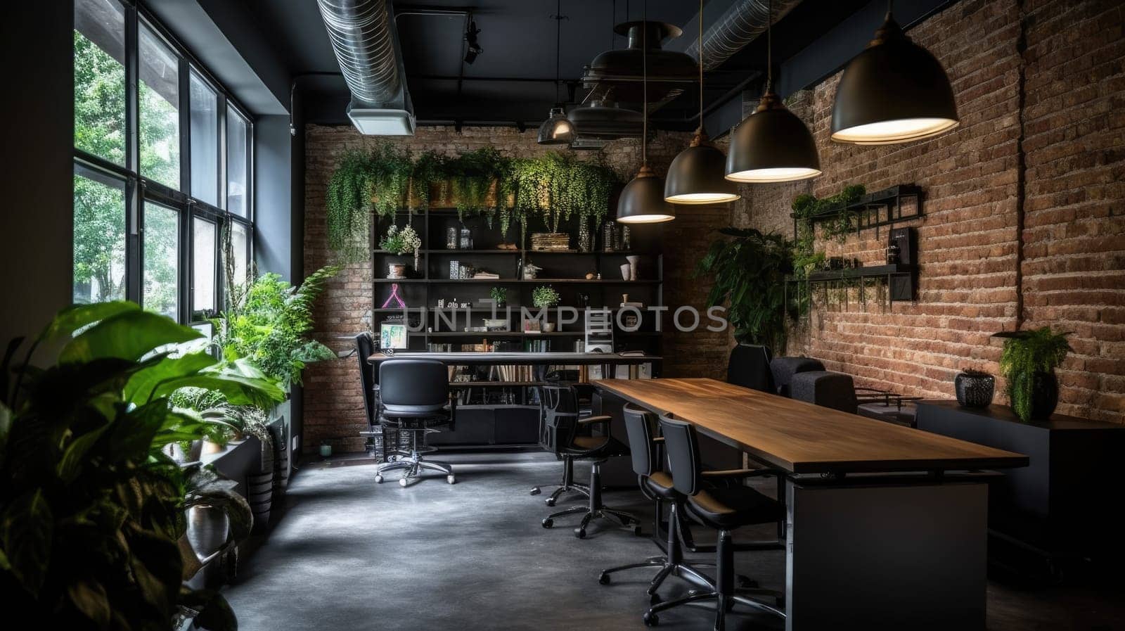 Inspiring office interior design Industrial style Office featuring Exposed bricks architecture. Generative AI AIG 31.