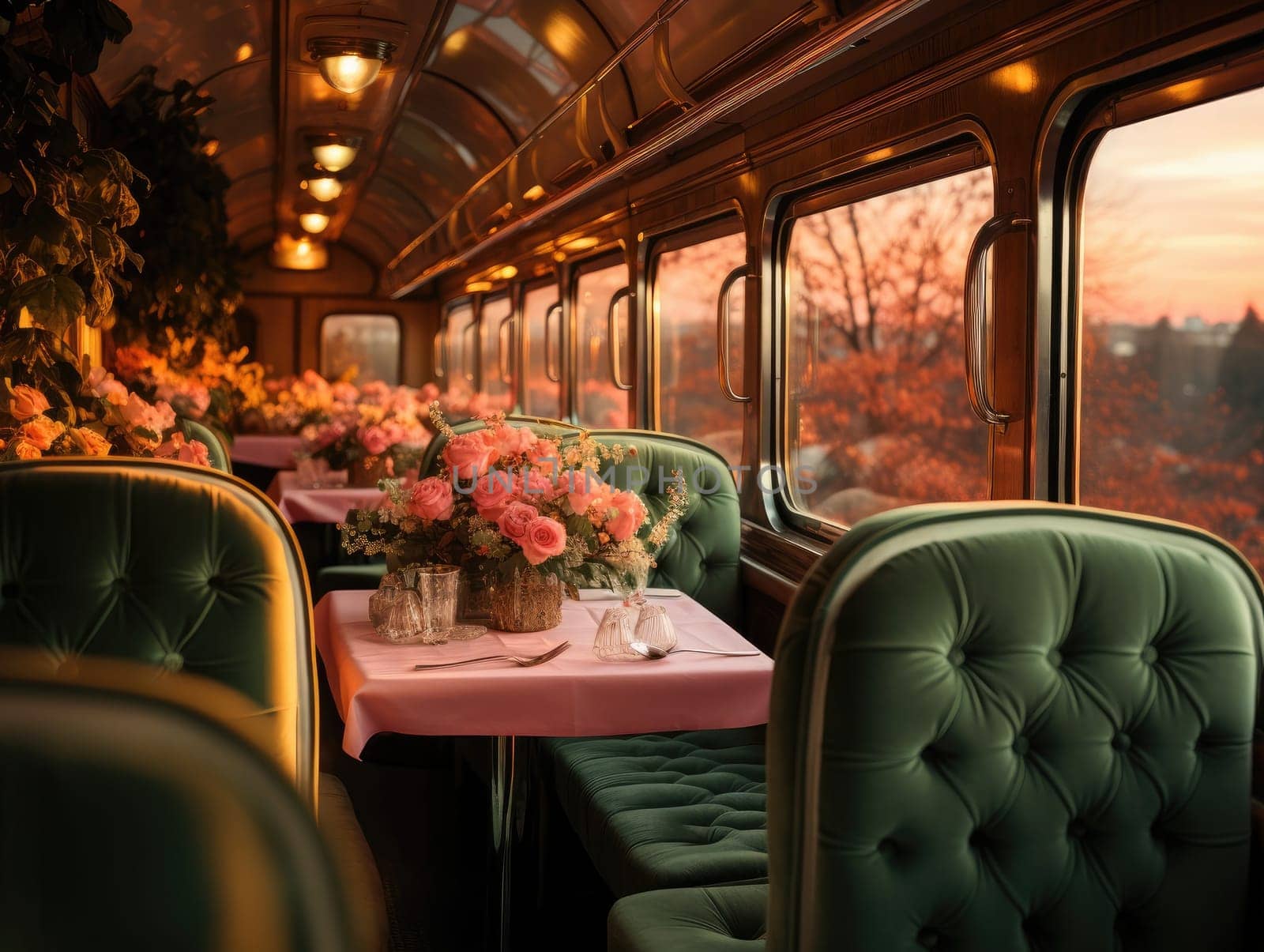 The interior of the train with a table, seats in light green, a flower vase on the table, and romantic scenery. Generative AI.