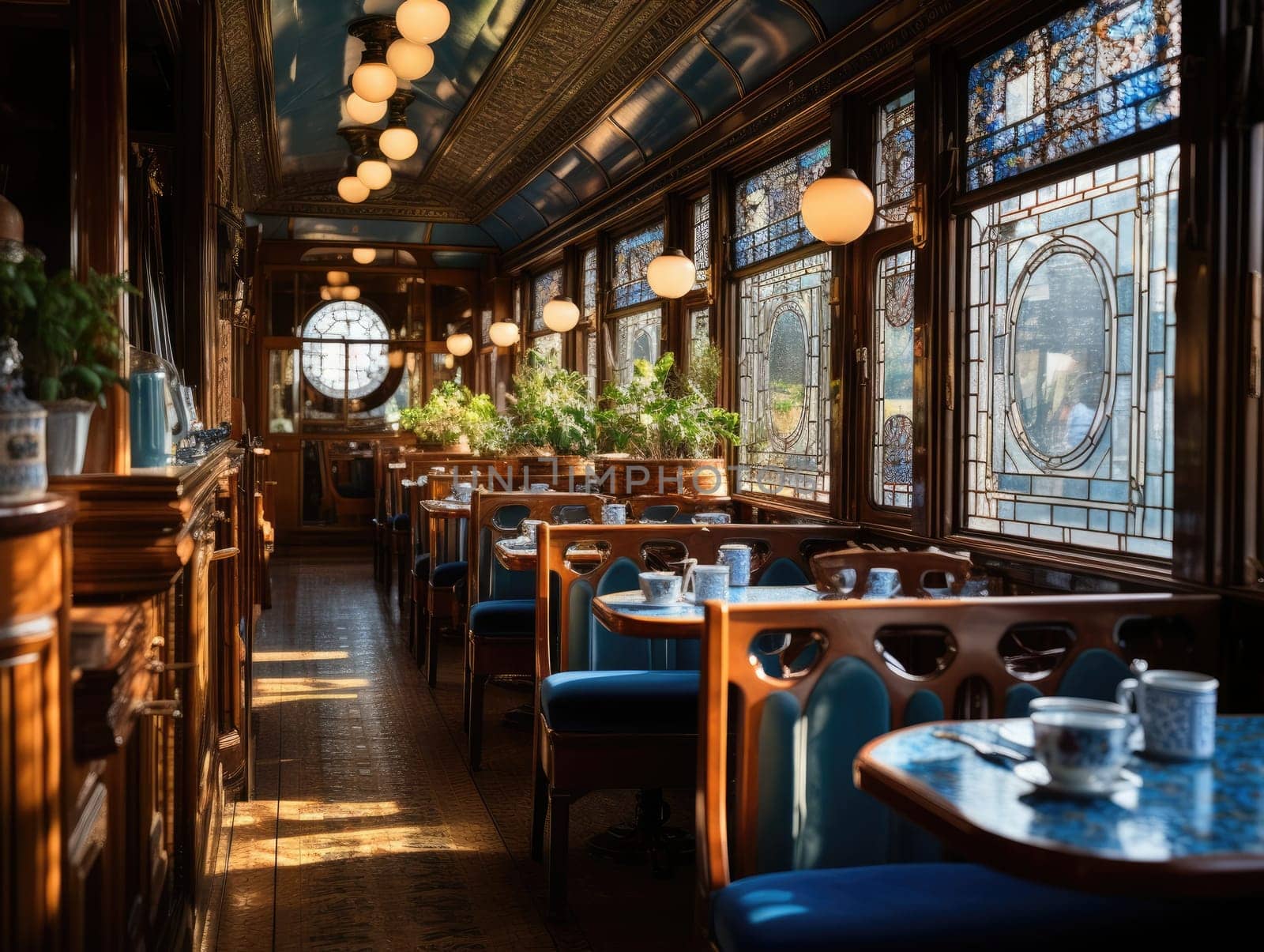 In a room of a train car in the style of intricate woodwork with tables and chairs, sunlight shines through windows. Generative AI.