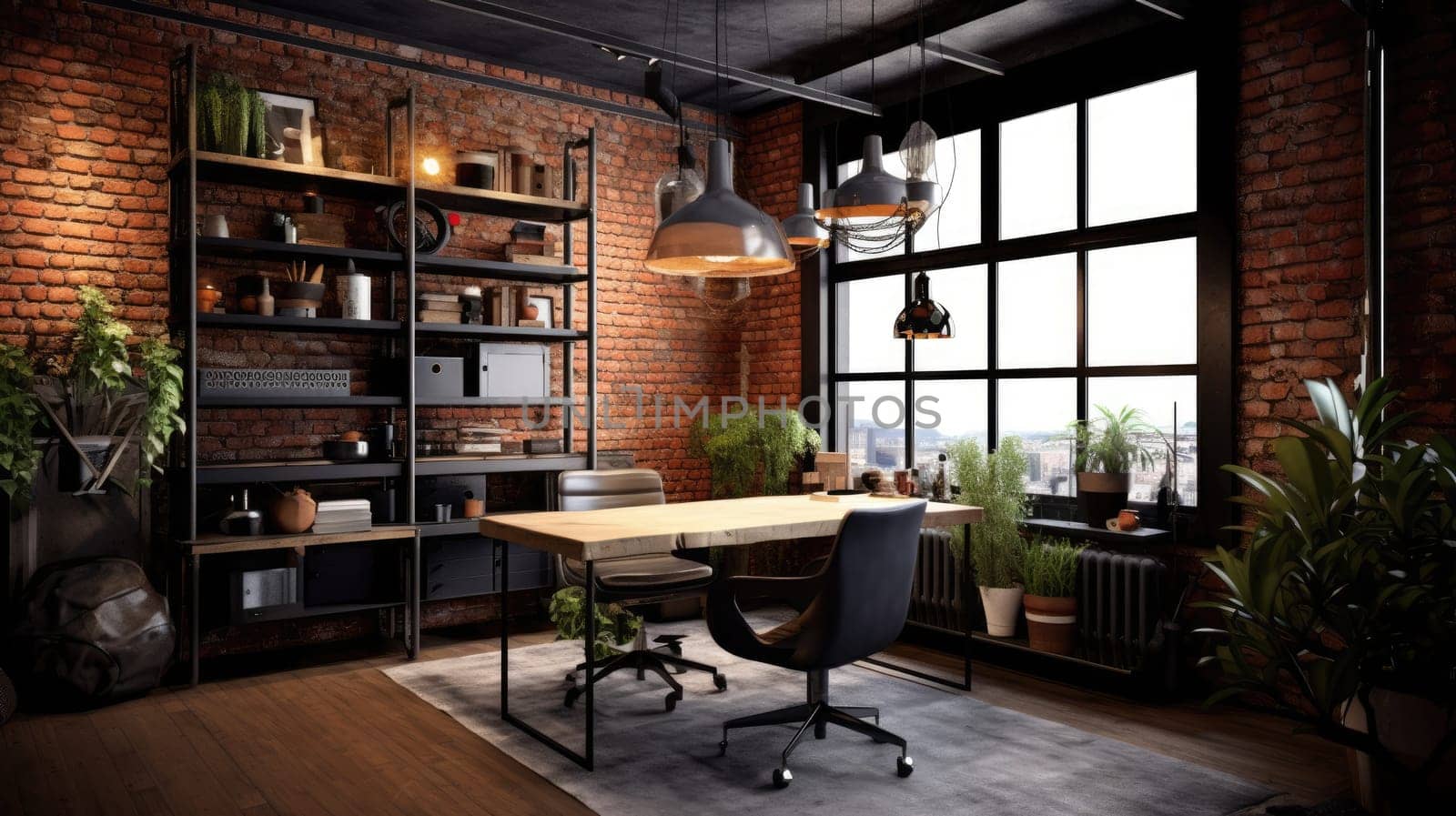 Inspiring office interior design Industrial style Office featuring Exposed brick wall architecture. Generative AI AIG 31.