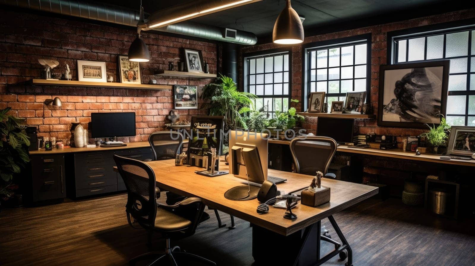 Inspiring office interior design Industrial style Corporate Office featuring Exposed brick wall architecture. Generative AI AIG 31.