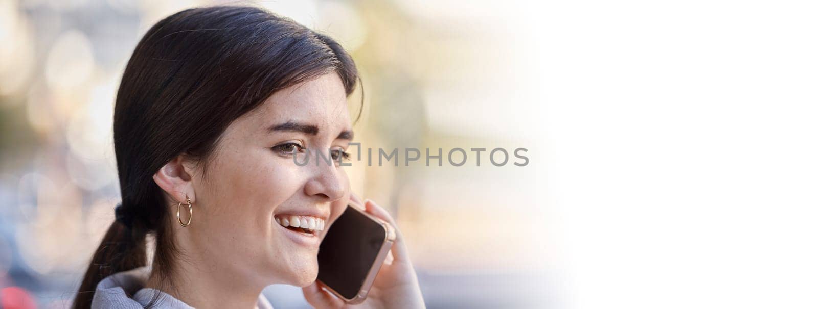 Smile, phone call and woman in office with mockup, bokeh and networking with communication on banner space. Consulting, chat connection and happy agent talking on cellphone, business conversation. by YuriArcurs