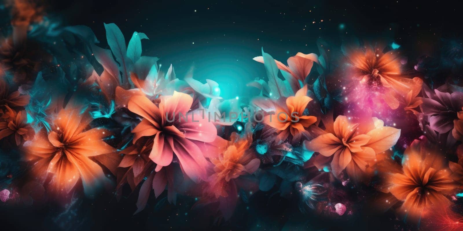 beautiful abstract teal pink orange night photo floral design background banner. generative ai AIG32 by biancoblue