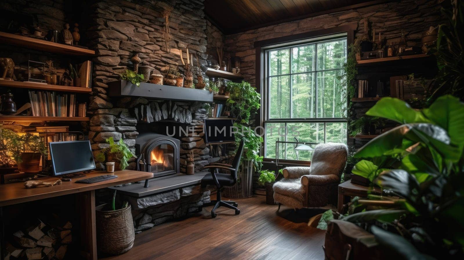 Inspiring office interior design Rustic style Office featuring Cozy cabin vibes architecture. Generative AI AIG 31.