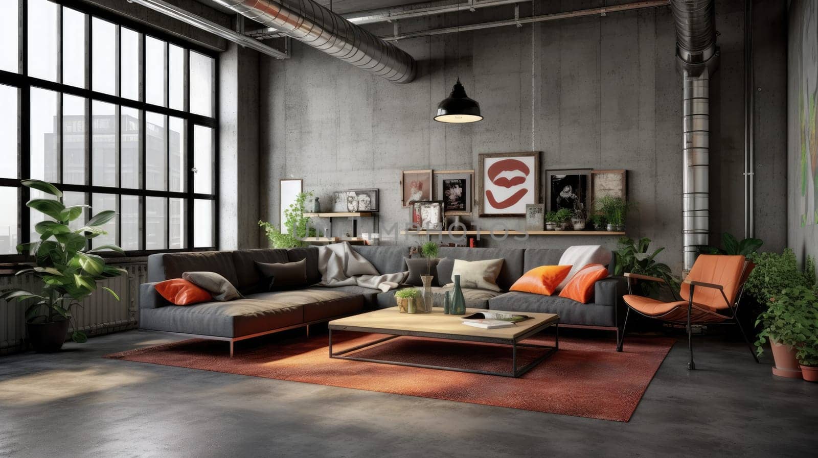 Inspiring office interior design Industrial style Lounge featuring Exposed pipes architecture. Generative AI AIG 31.