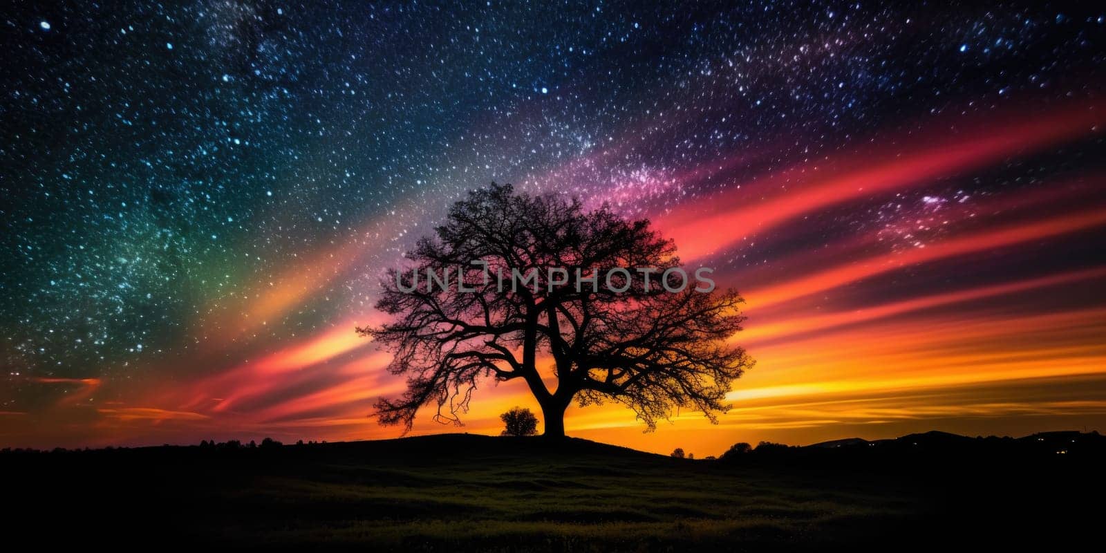 Tree silhouette on a hill with colorful swirling galaxy in the sky. Generative AI AIG27.