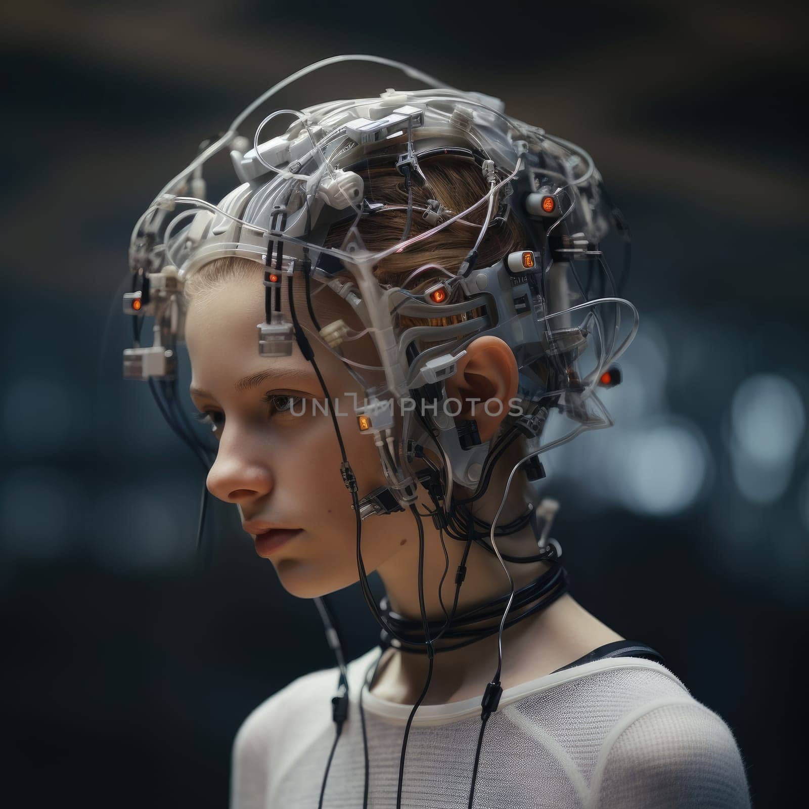 The wires are connected to the head of a young woman. Neural interface