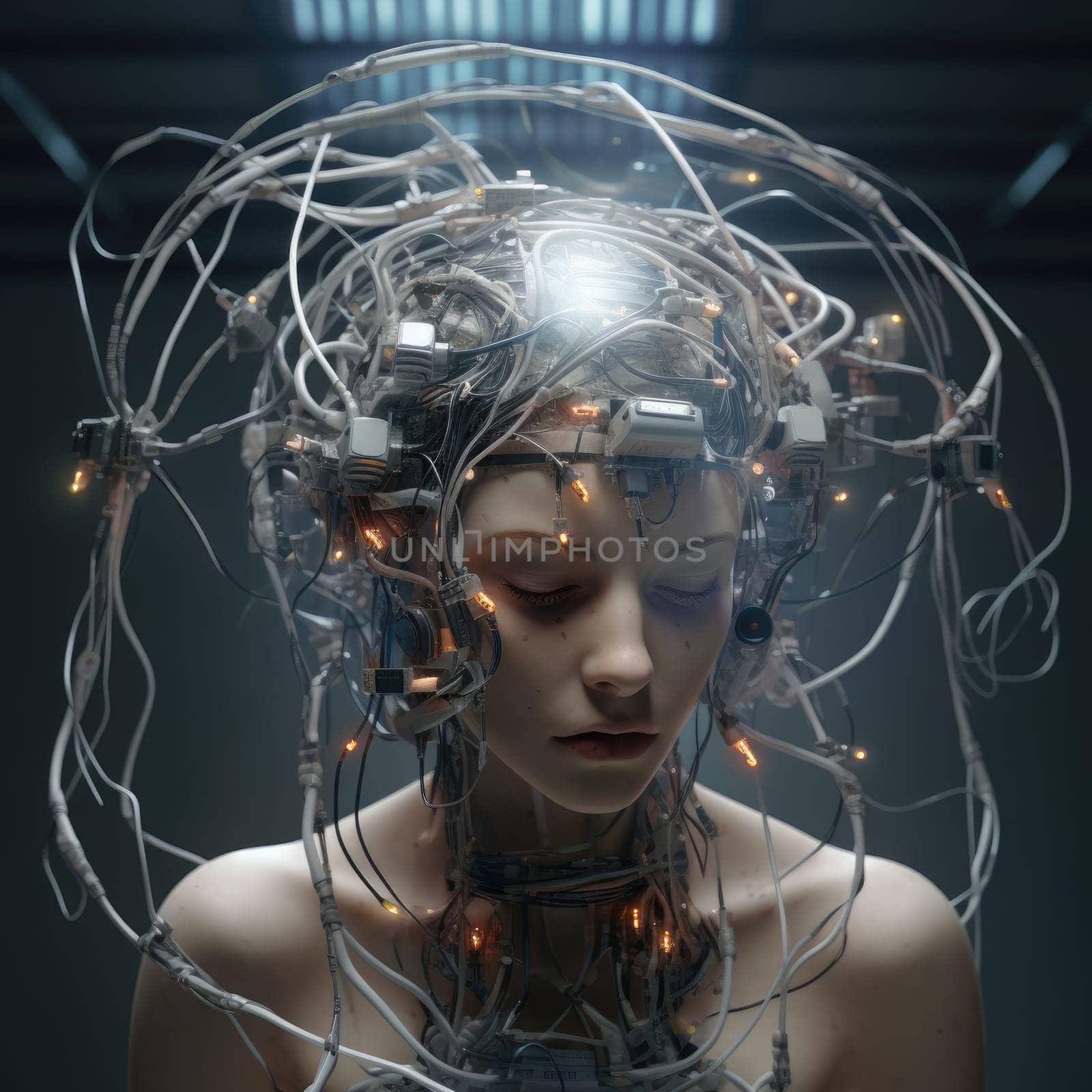 The wires are connected to the head of a young woman by cherezoff