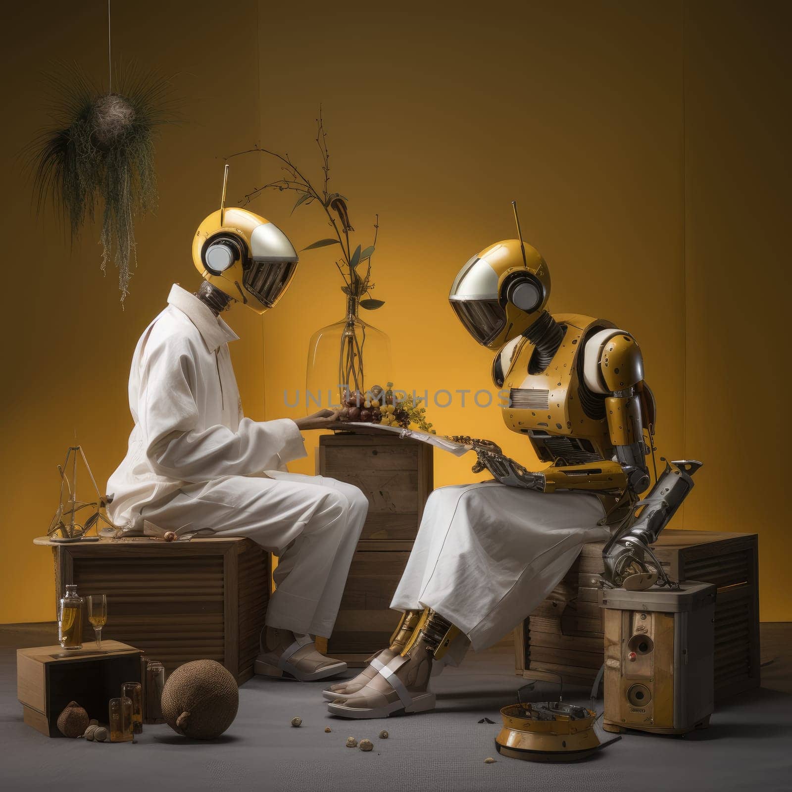 A girl with a robot sits in a cafe at the same table by cherezoff