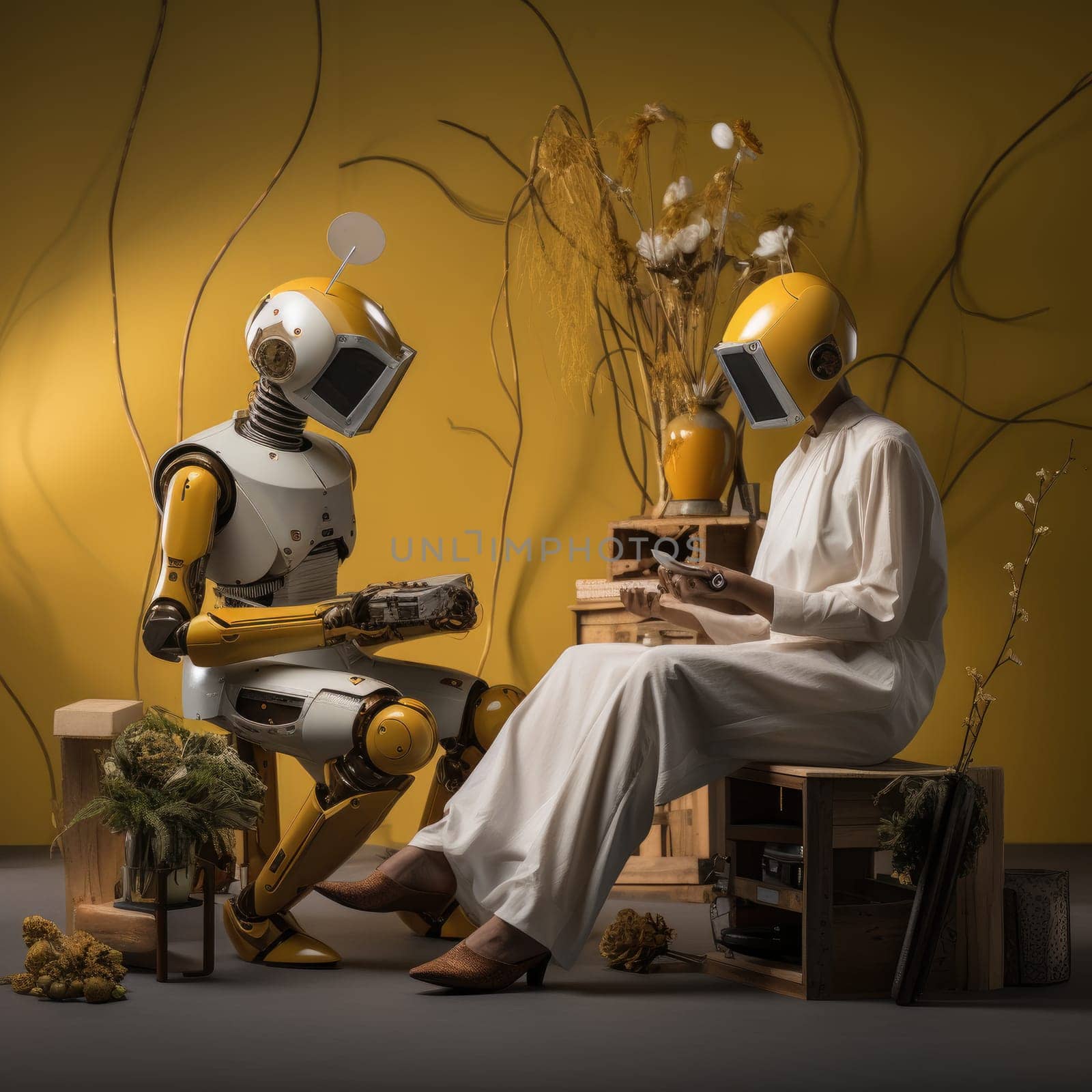 A girl with a robot sits in a cafe at the same table by cherezoff