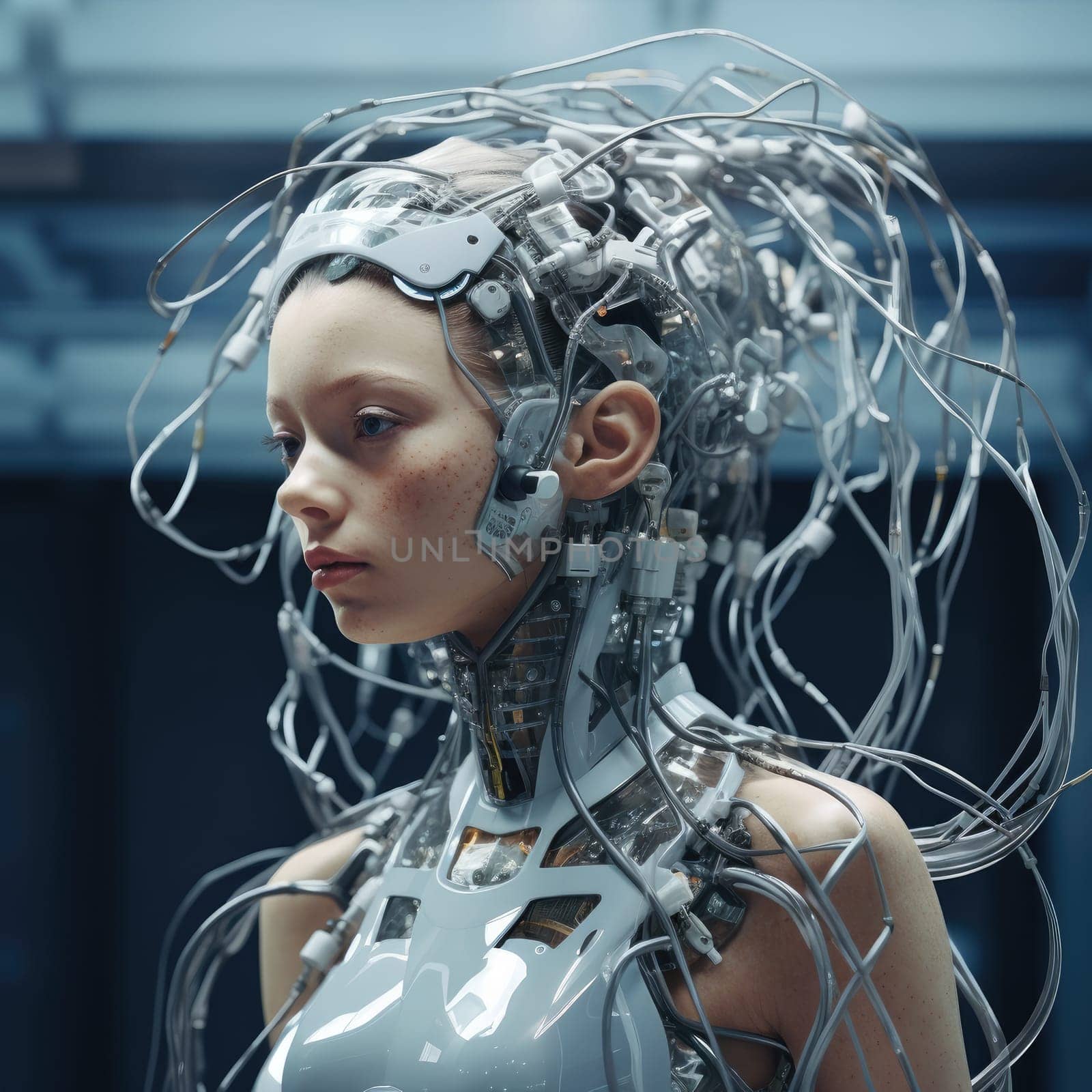 The wires are connected to the head of a young woman. Neural interface