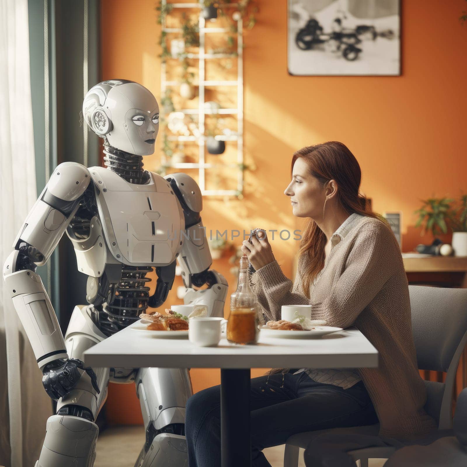 A girl with a robot sits in a cafe at the same table and communicates