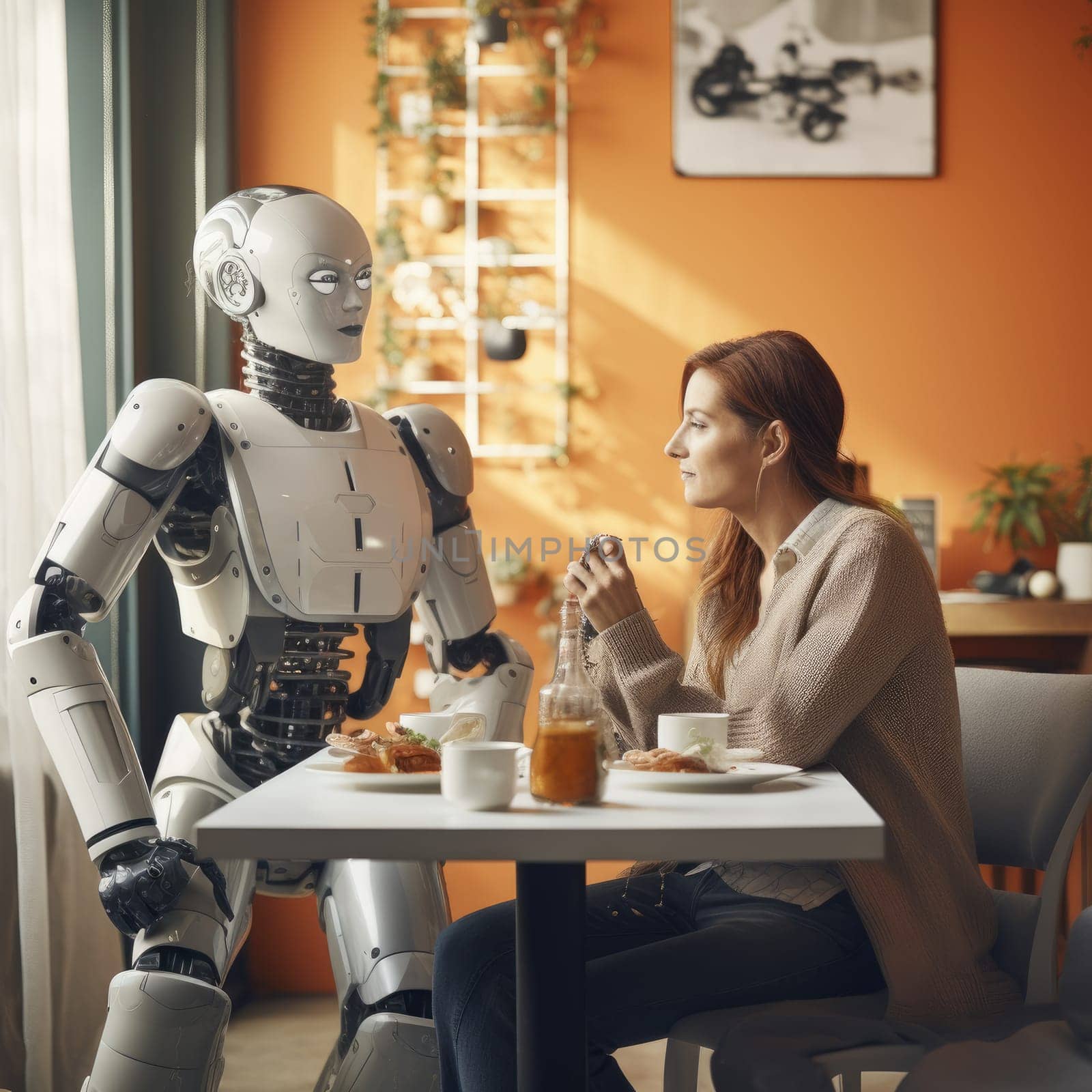 A girl with a robot sits in a cafe at the same table by cherezoff