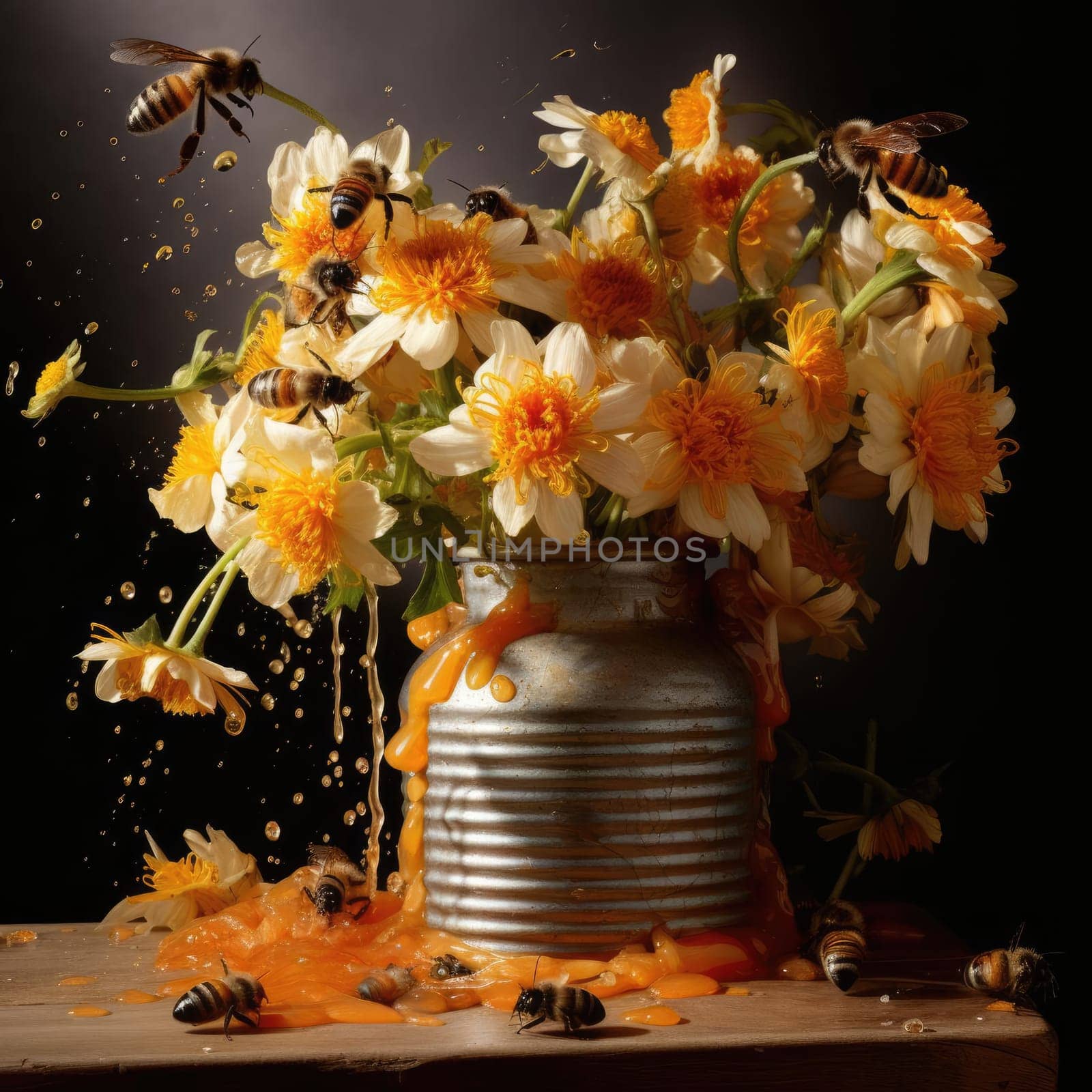 A vase of flowers and bees collect honey. The concept of nature