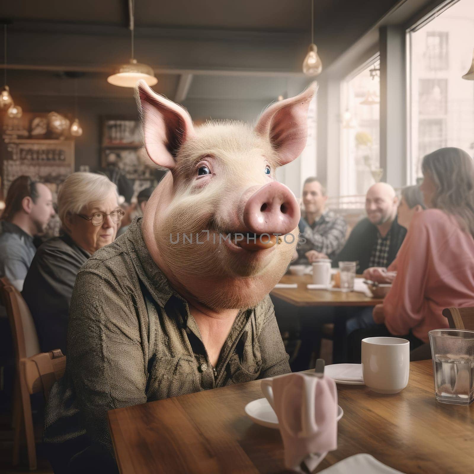 A big pig sits in a cafe among people. The concept of human characteristics