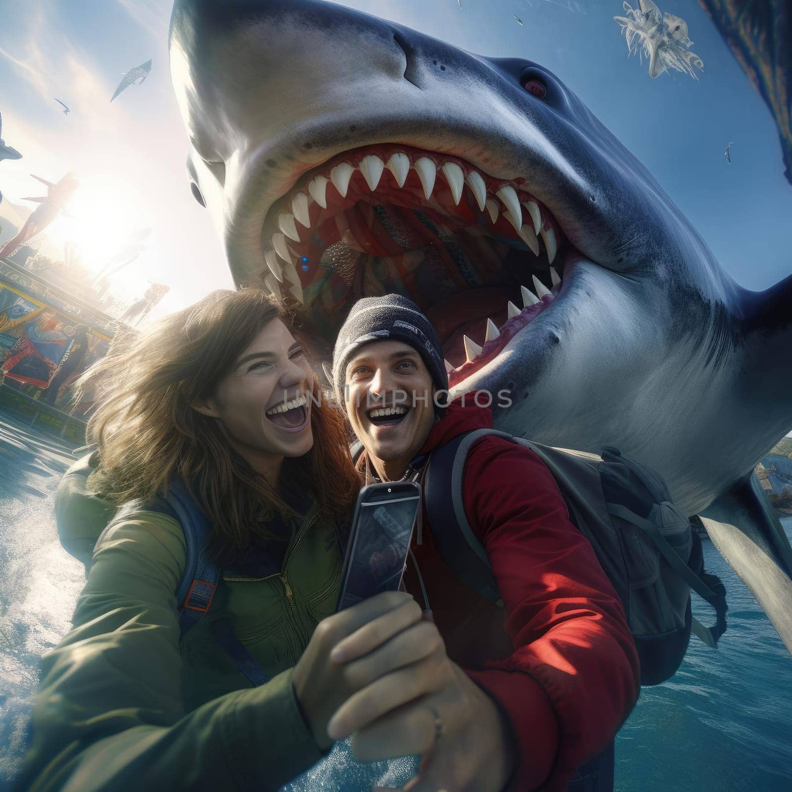 Joyful people take selfies with a huge shark. Rest