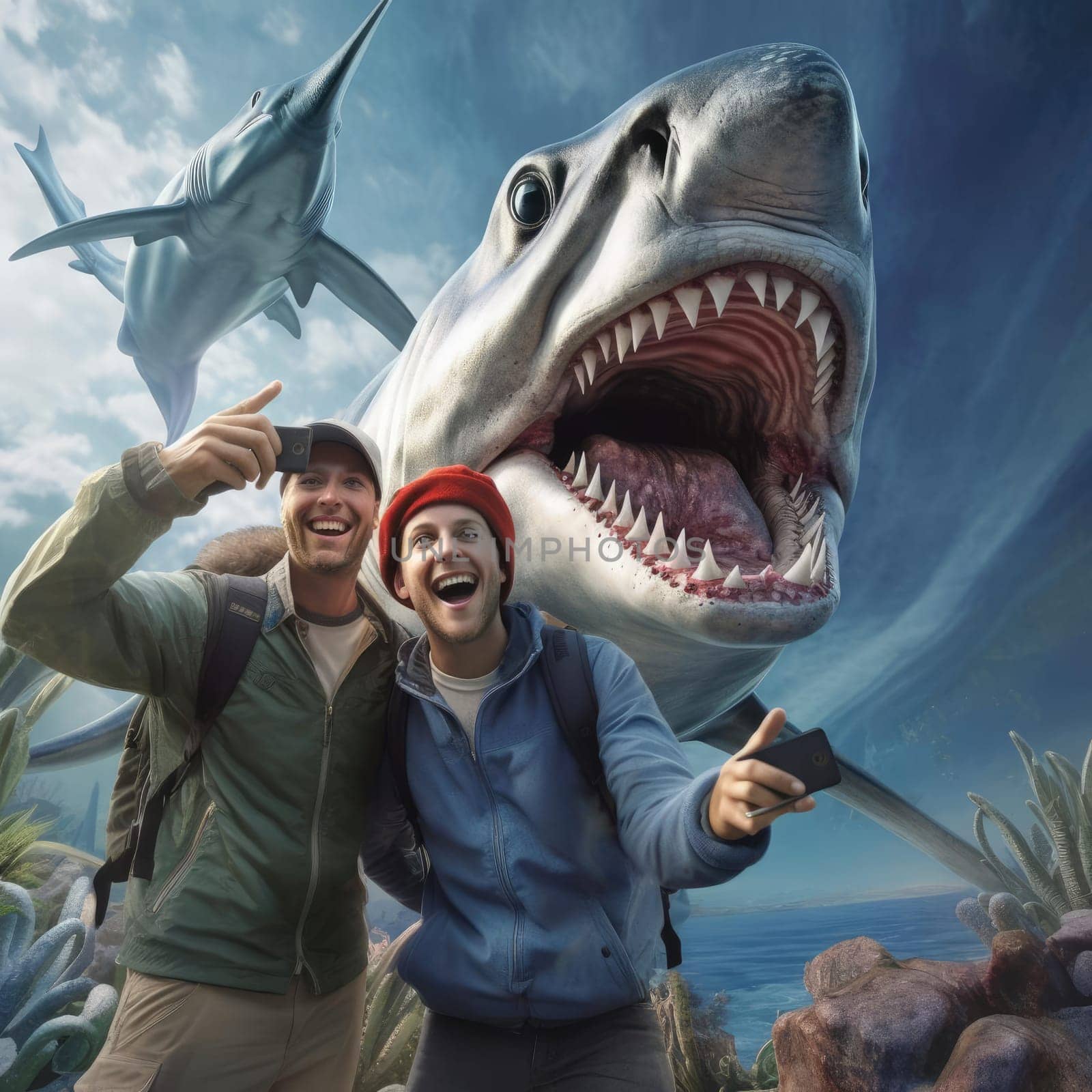 Joyful people take selfies with a huge shark. Rest