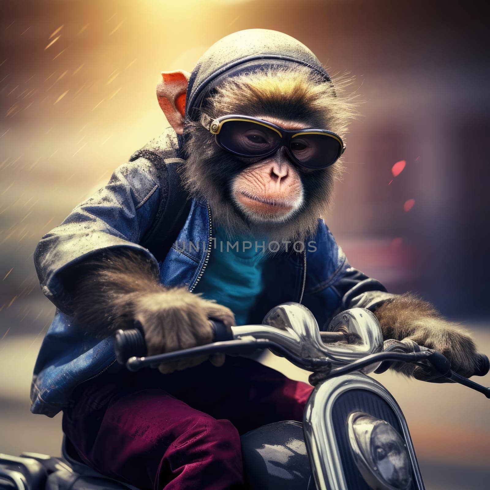 A monkey rides a motorcycle. The concept of riding a motorcycle
