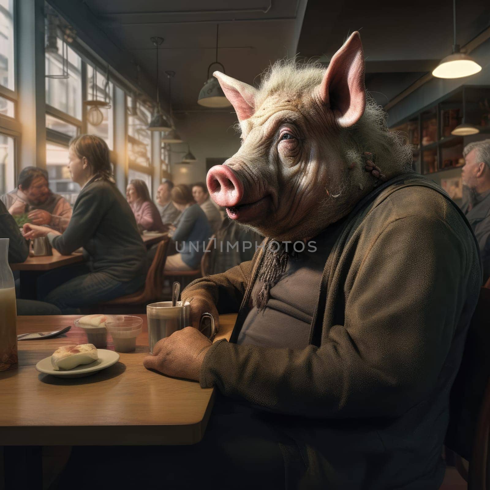 A big pig sits in a cafe among people. The concept of human characteristics