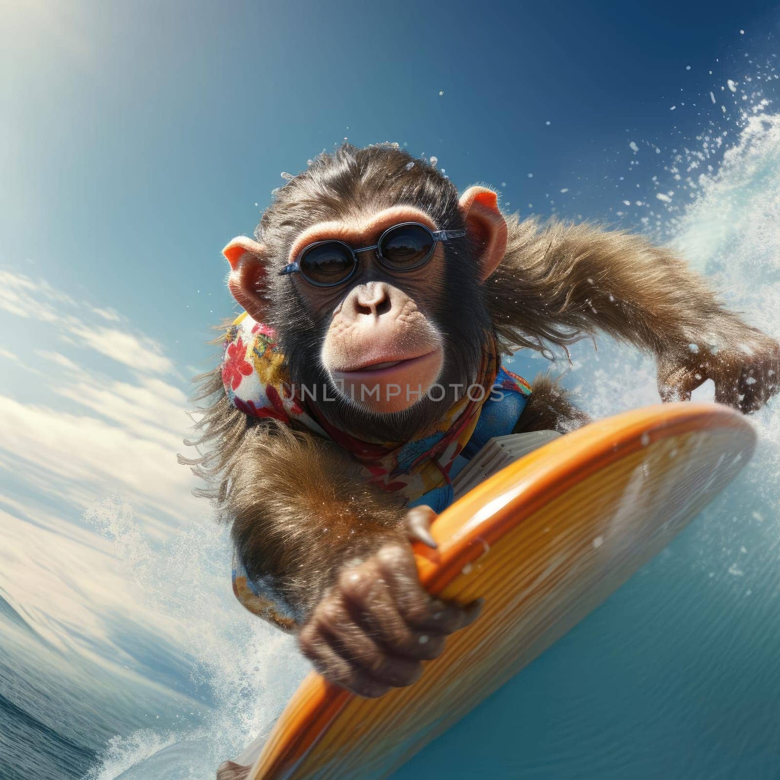 A monkey swims on a wave on a surfboard. Leisure concept