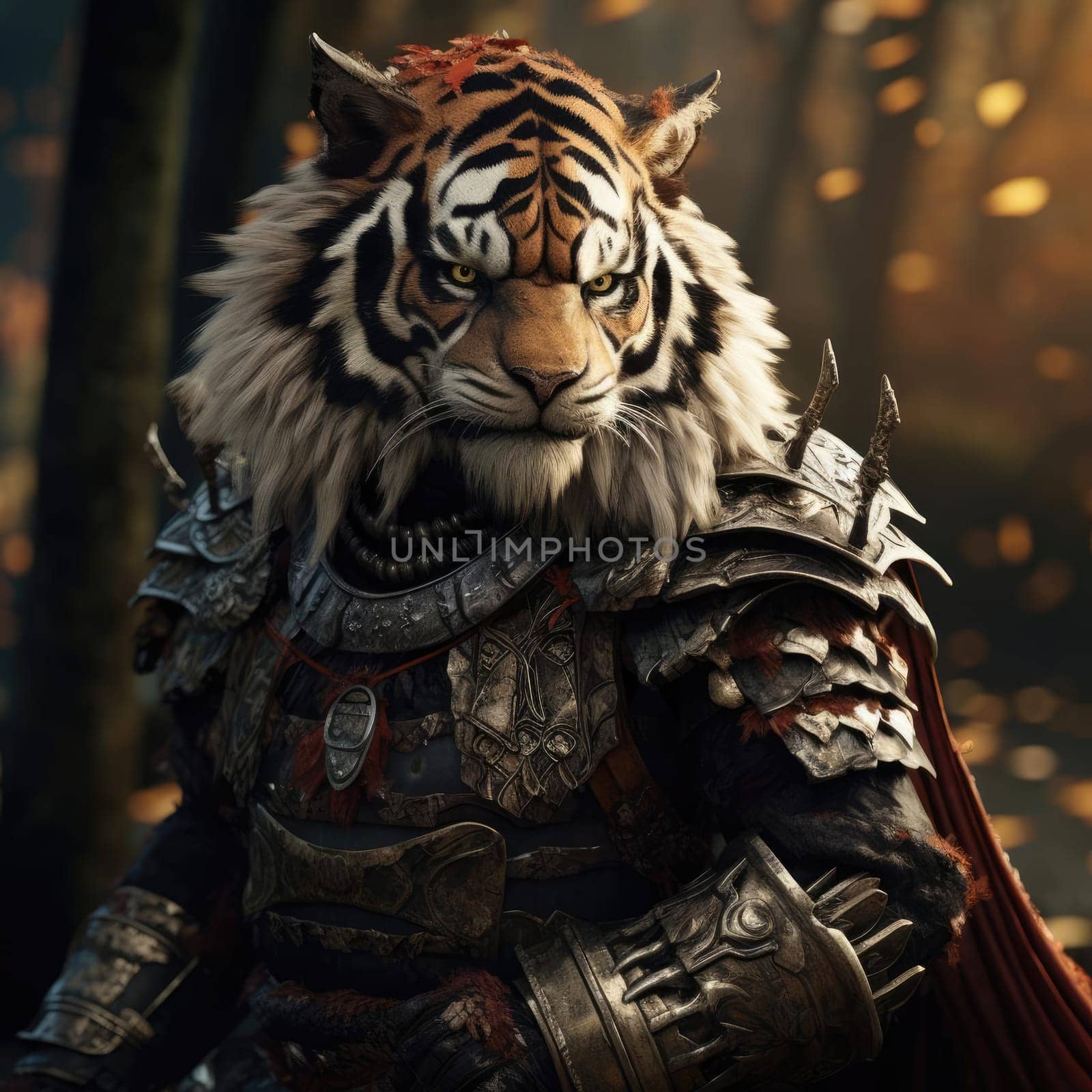 Harsh brutal tiger in samurai clothes on a dark background