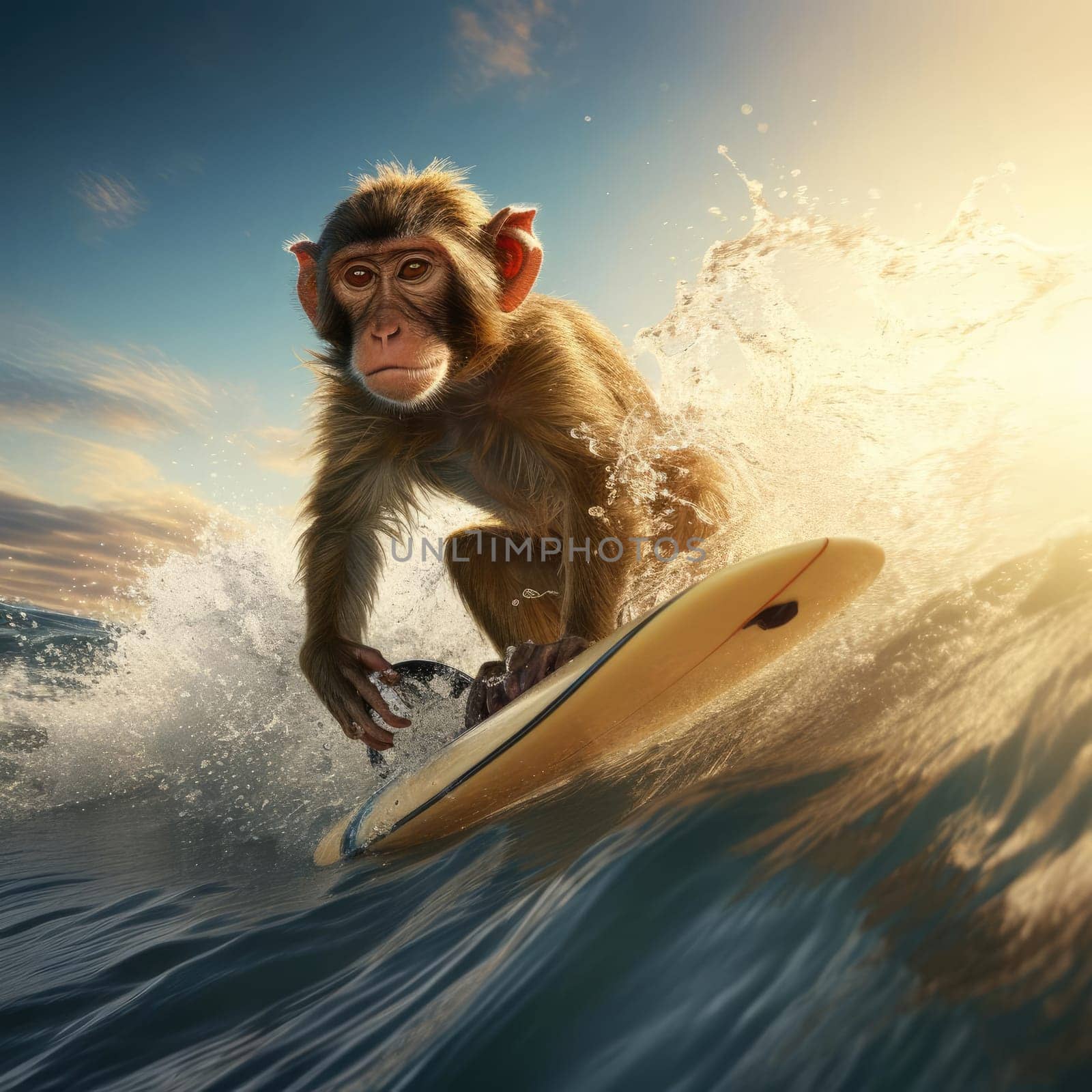 A monkey swims on a wave on a surfboard. Leisure concept