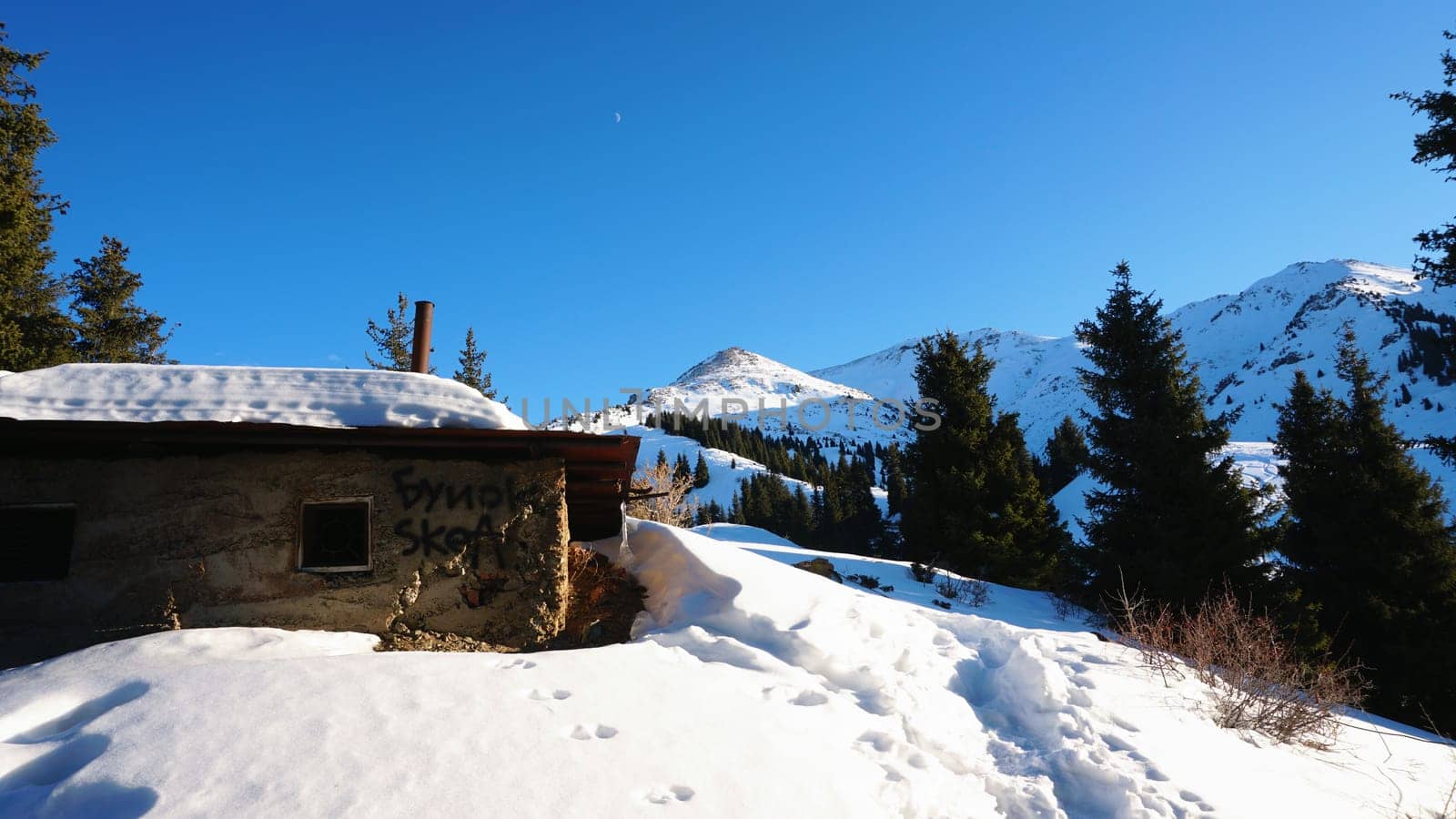 An abandoned house in the snowy mountains. Christmas trees and bushes grow. Clear sky and moon. A small moon in the distance above the top of the peak. There is a lot of snow on the roof. Almaty