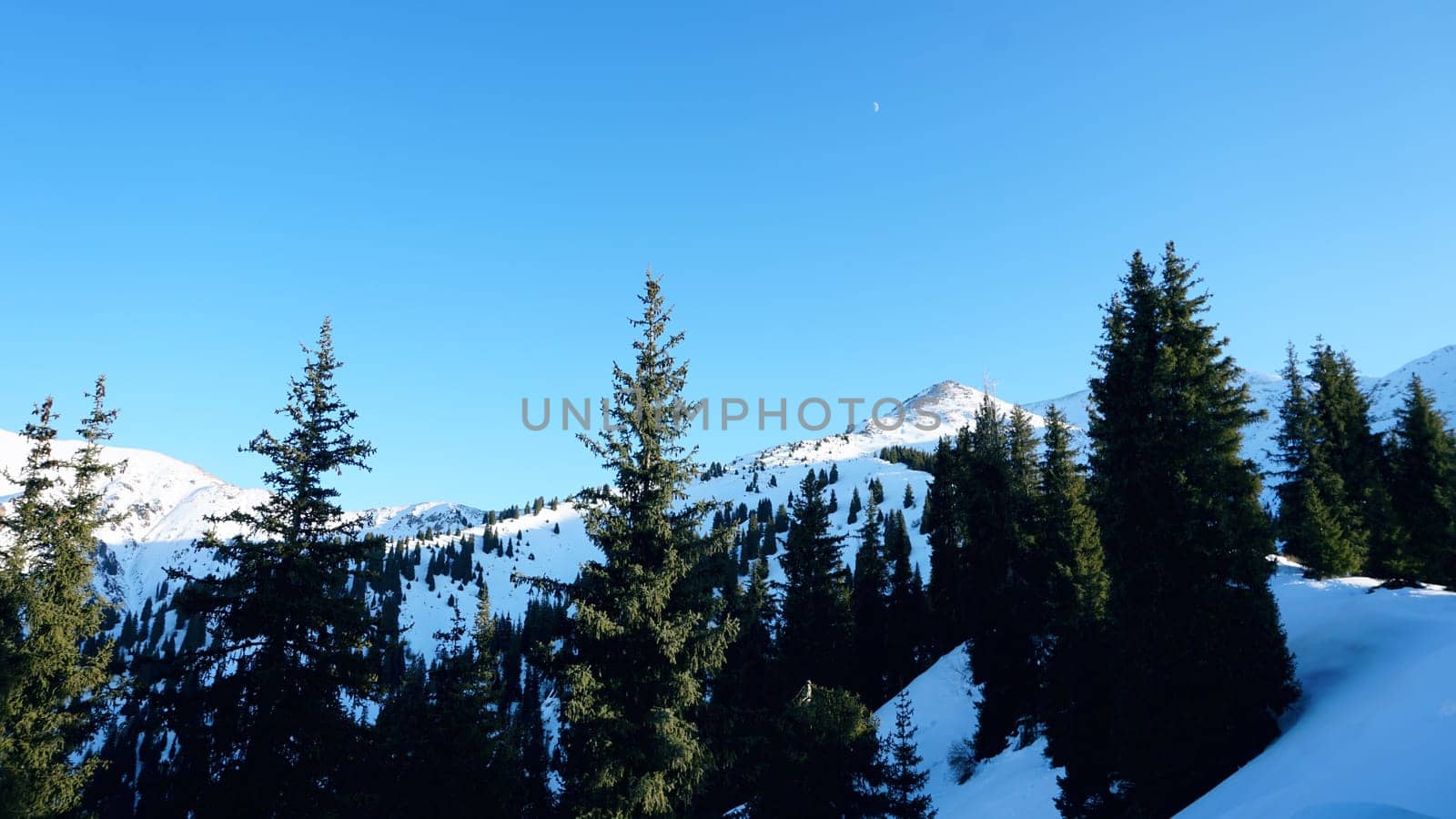 The moon hangs over snowy peaks of the mountains. by Passcal