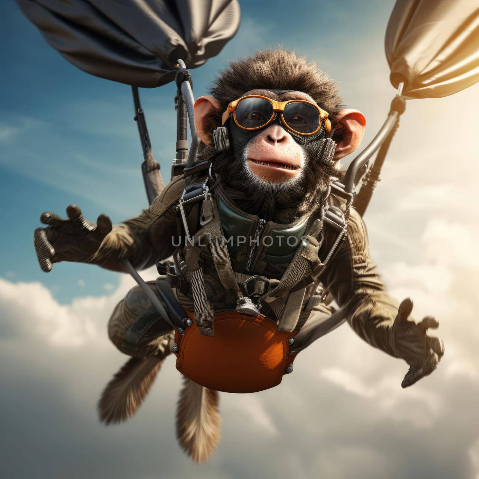 A monkey flies by parachute. The concept of extreme types of recreation