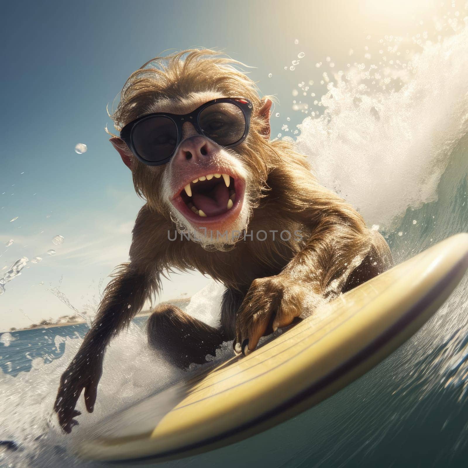 A monkey swims on a wave on a surfboard. Leisure concept