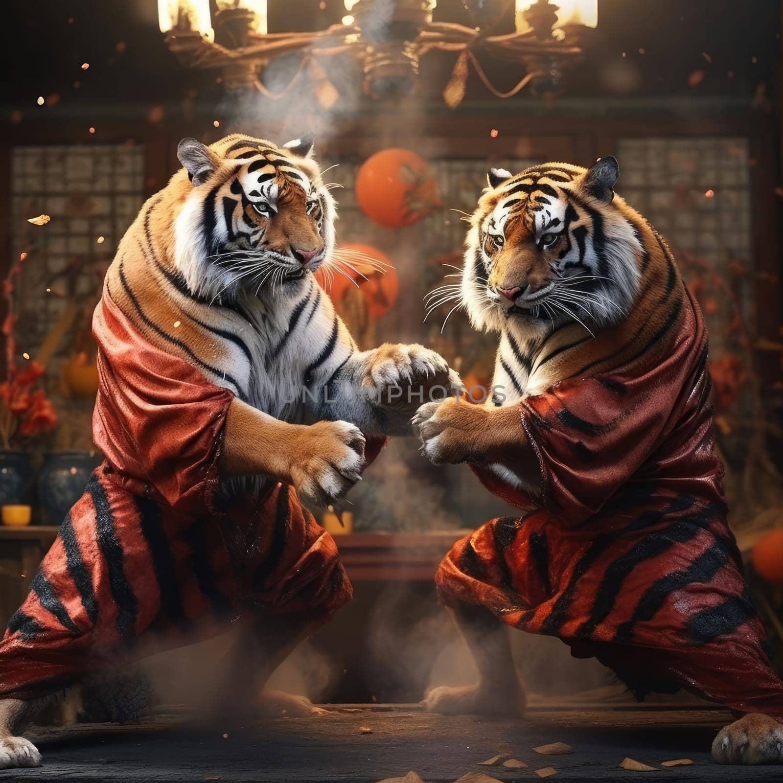 Two tigers fight on the tatami. Poster for martial arts school