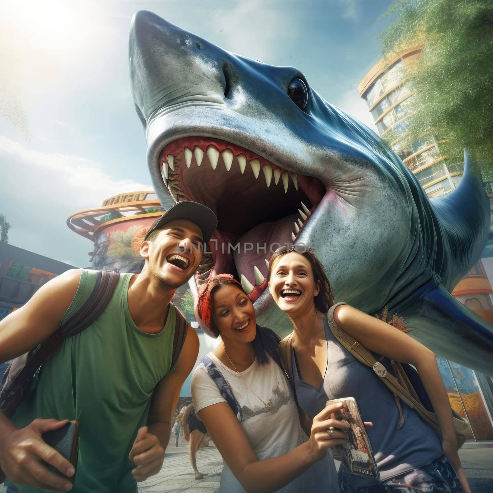 Joyful people take selfies with a huge shark. Rest