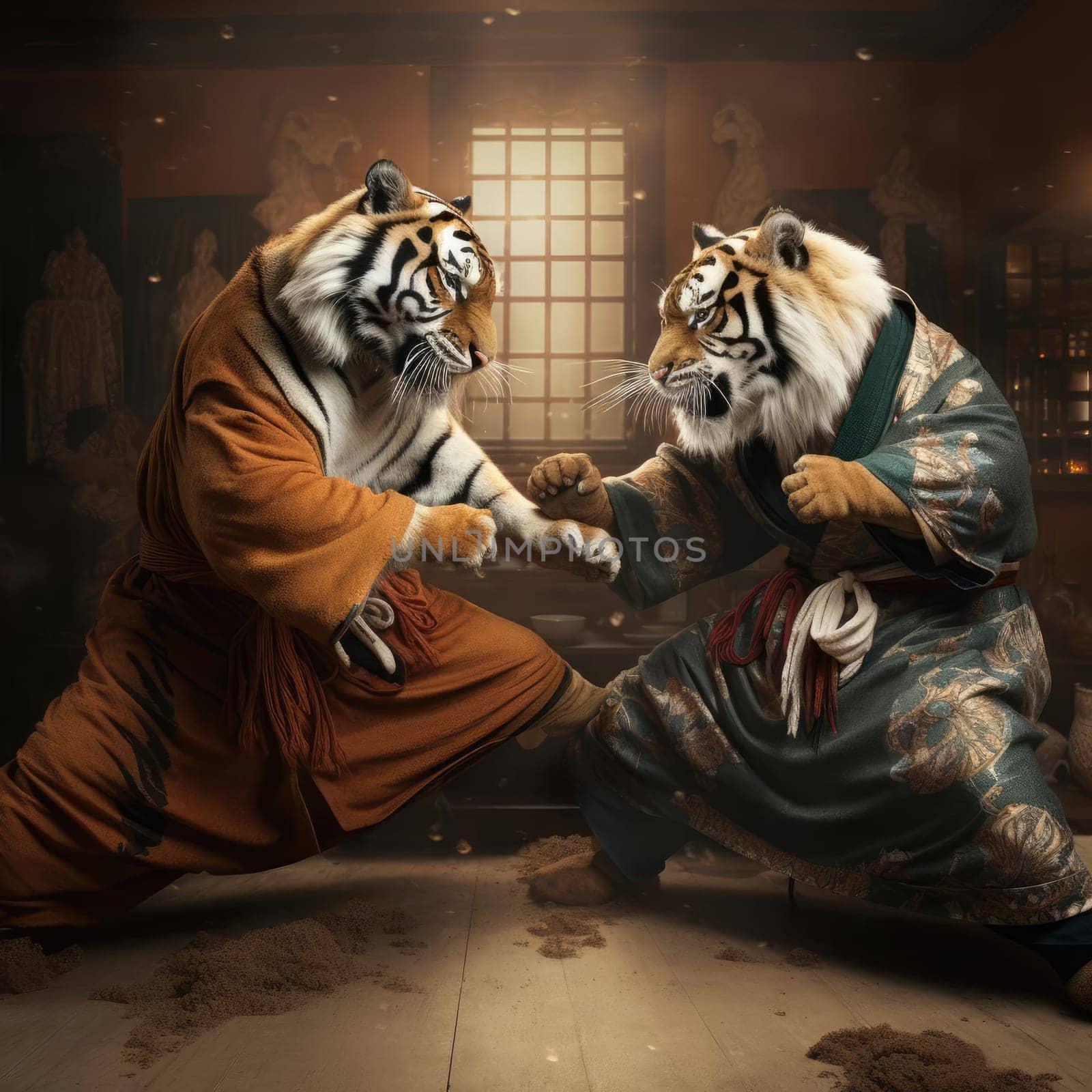 Two tigers fight on the tatami. Poster for martial arts school