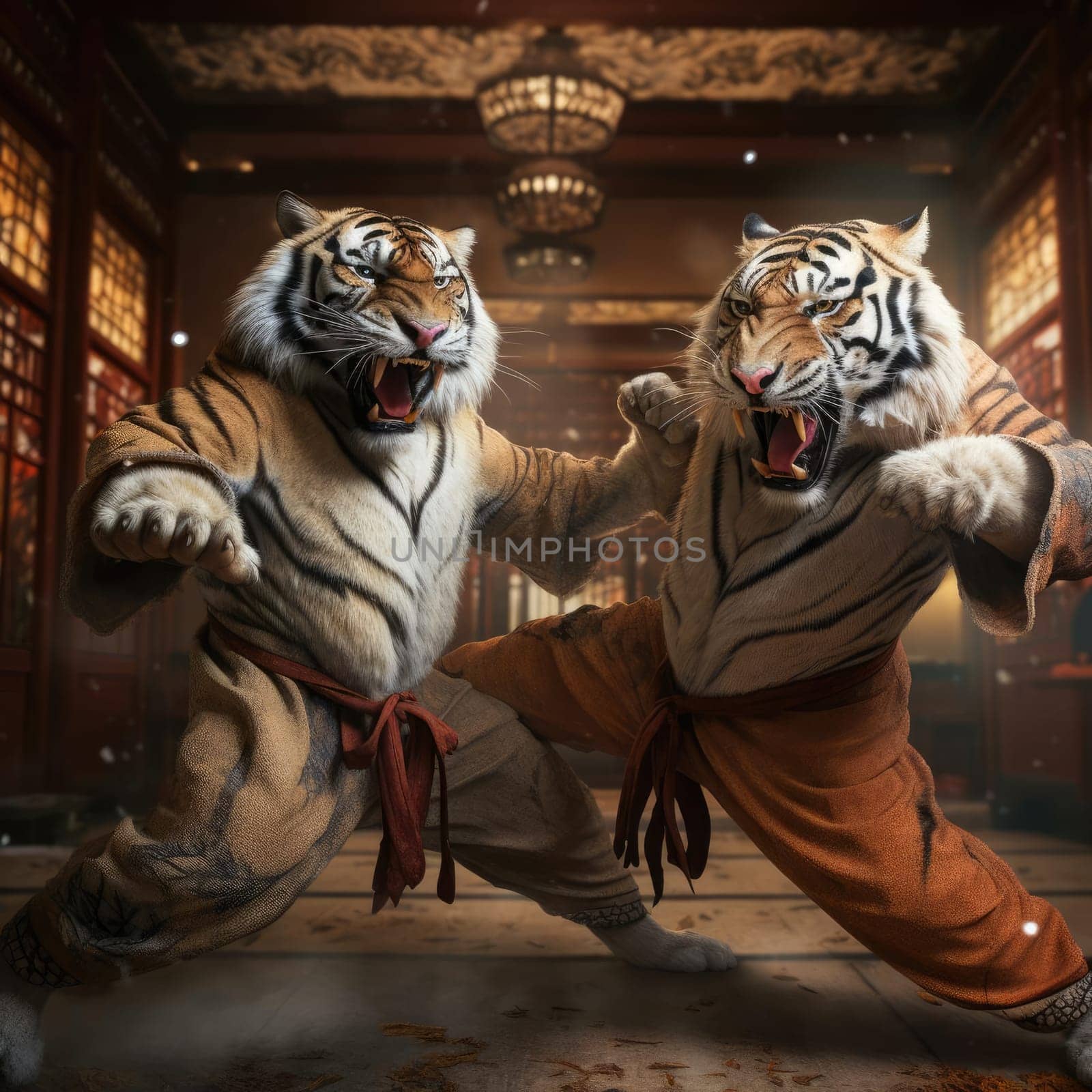 Two tigers fighting on the tatami mat by cherezoff