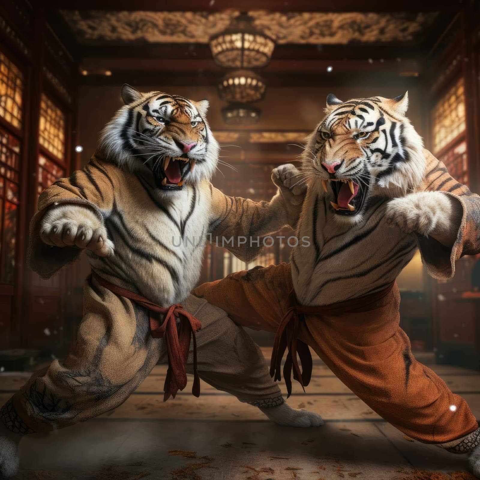 Two tigers fight on the tatami. Poster for martial arts school