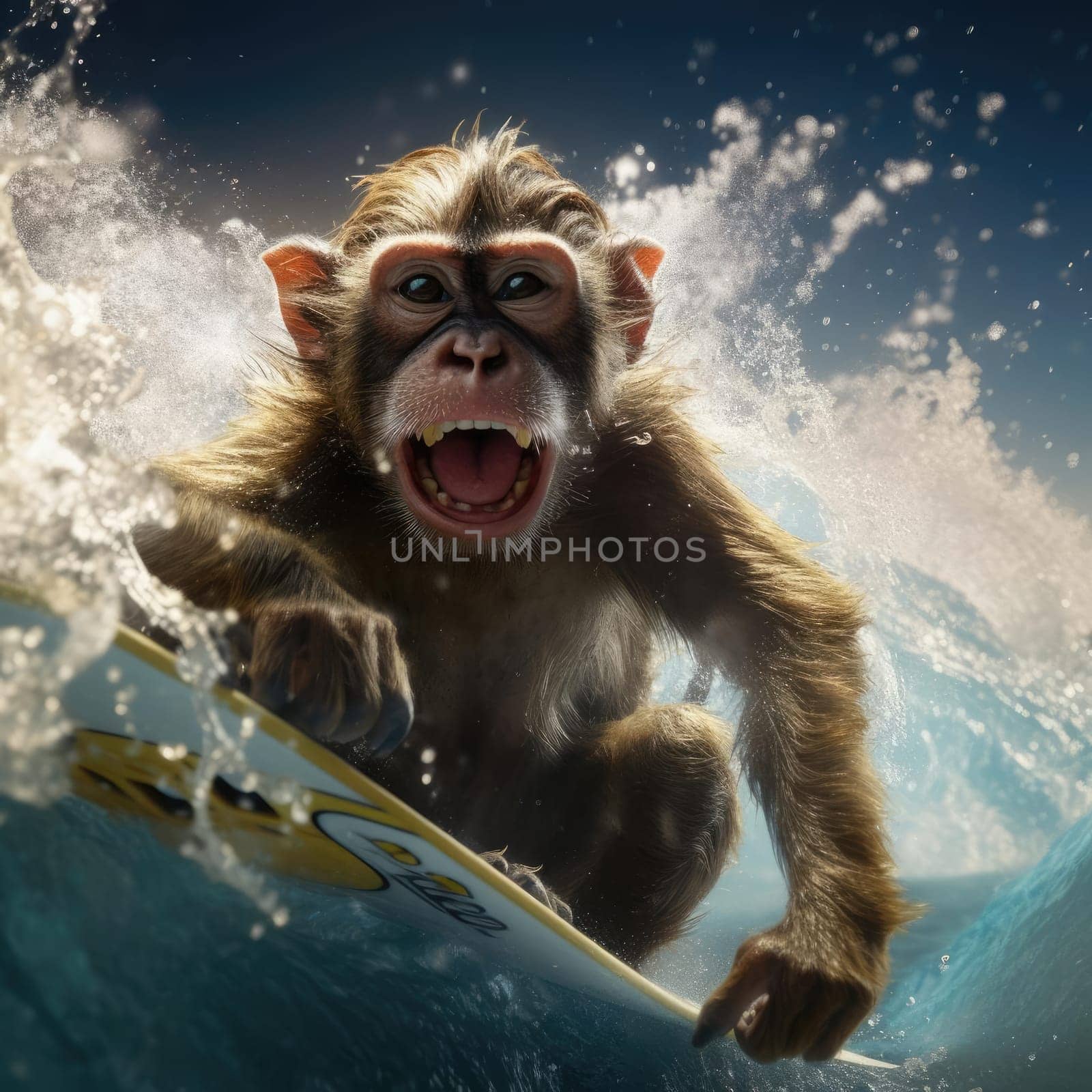 A monkey swims on a wave on a surfboard. Leisure concept