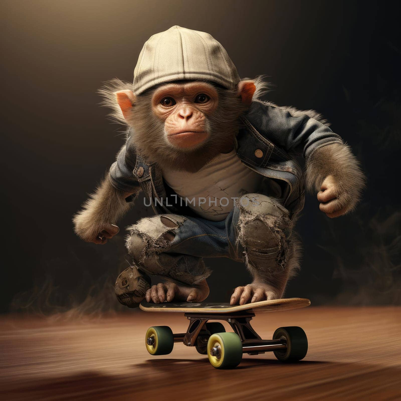 A monkey rides a skateboard through the city. Youth culture